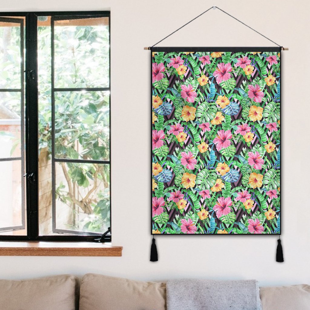 Tropical Hibiscus Banana Leafs Hanging Poster - AH Hanging Poster 50 x 75 cm Cotton And Linen - Polynesian Pride