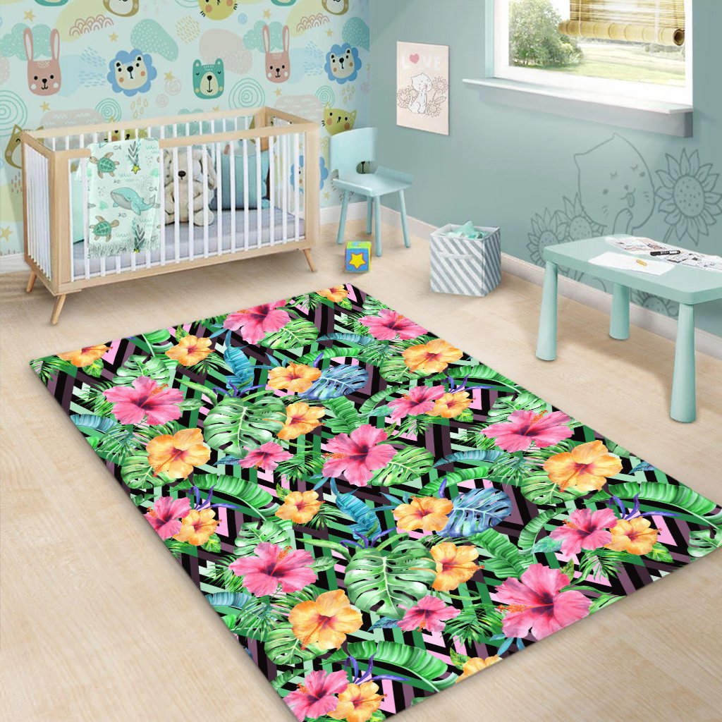 Tropical Hibiscus Banana Leafs Area Rug - AH - Polynesian Pride