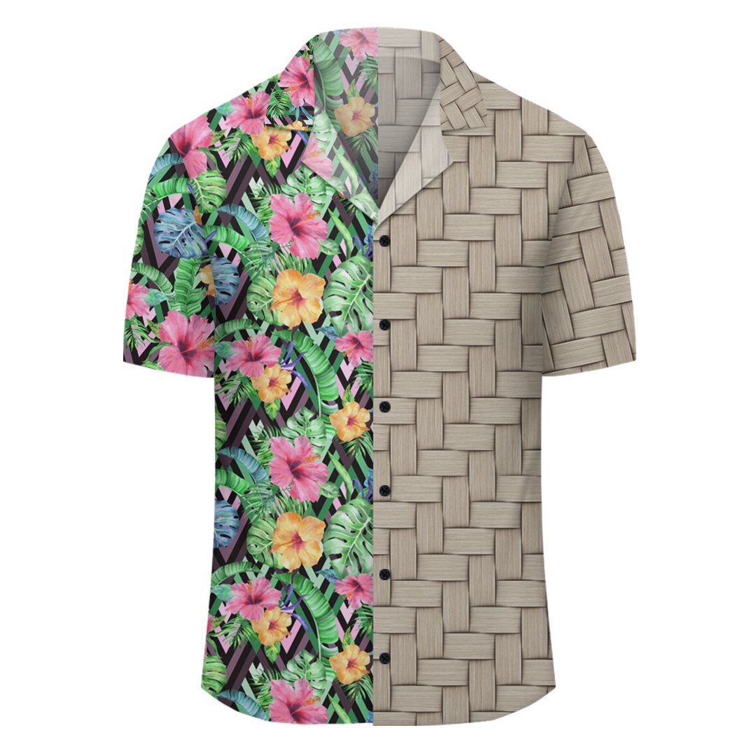 Tropical Hibiscus Banana Leafs Lauhala Moiety Hawaiian Shirt - Polynesian Pride