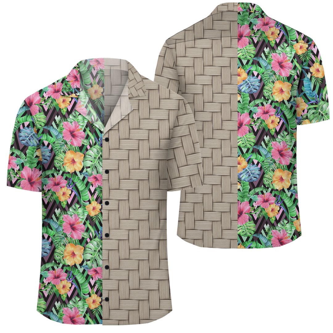 Tropical Hibiscus Banana Leafs Lauhala Moiety Hawaiian Shirt Unisex Art - Polynesian Pride