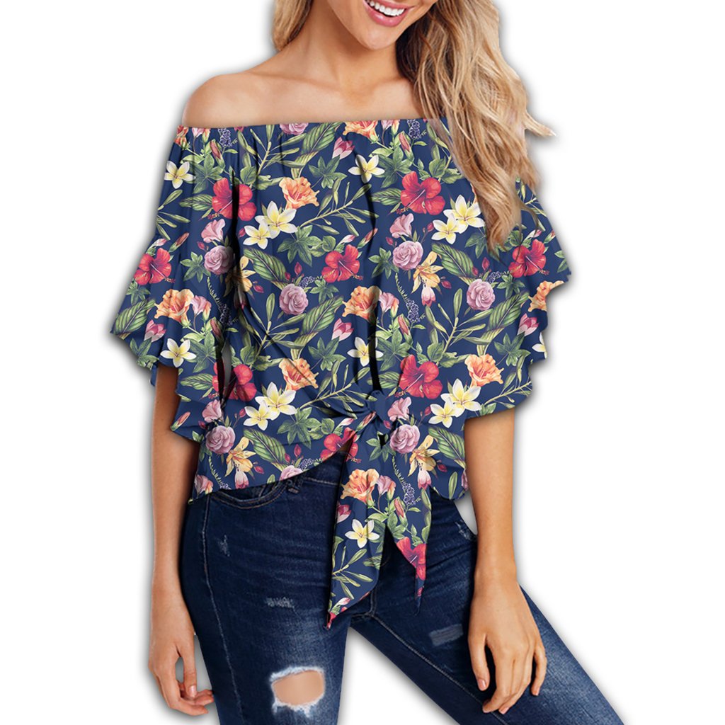 Tropical Hibiscus Red And Plumeria White Women's Off Shoulder Wrap Waist Top - AH - Polynesian Pride