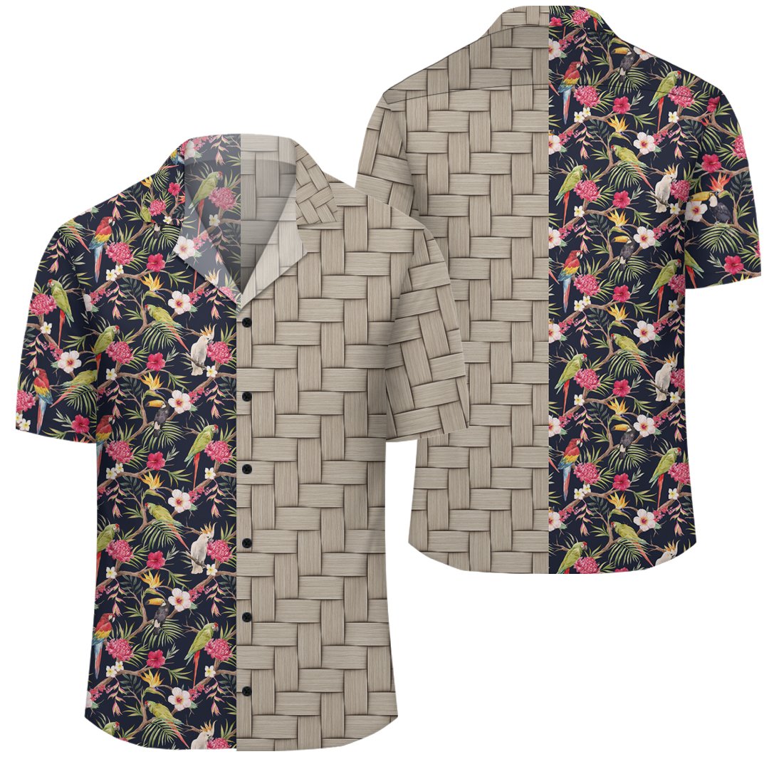 Tropical Hibiscus Strelitzia Palm Leaves Lauhala Moiety Hawaiian Shirt Unisex Art - Polynesian Pride