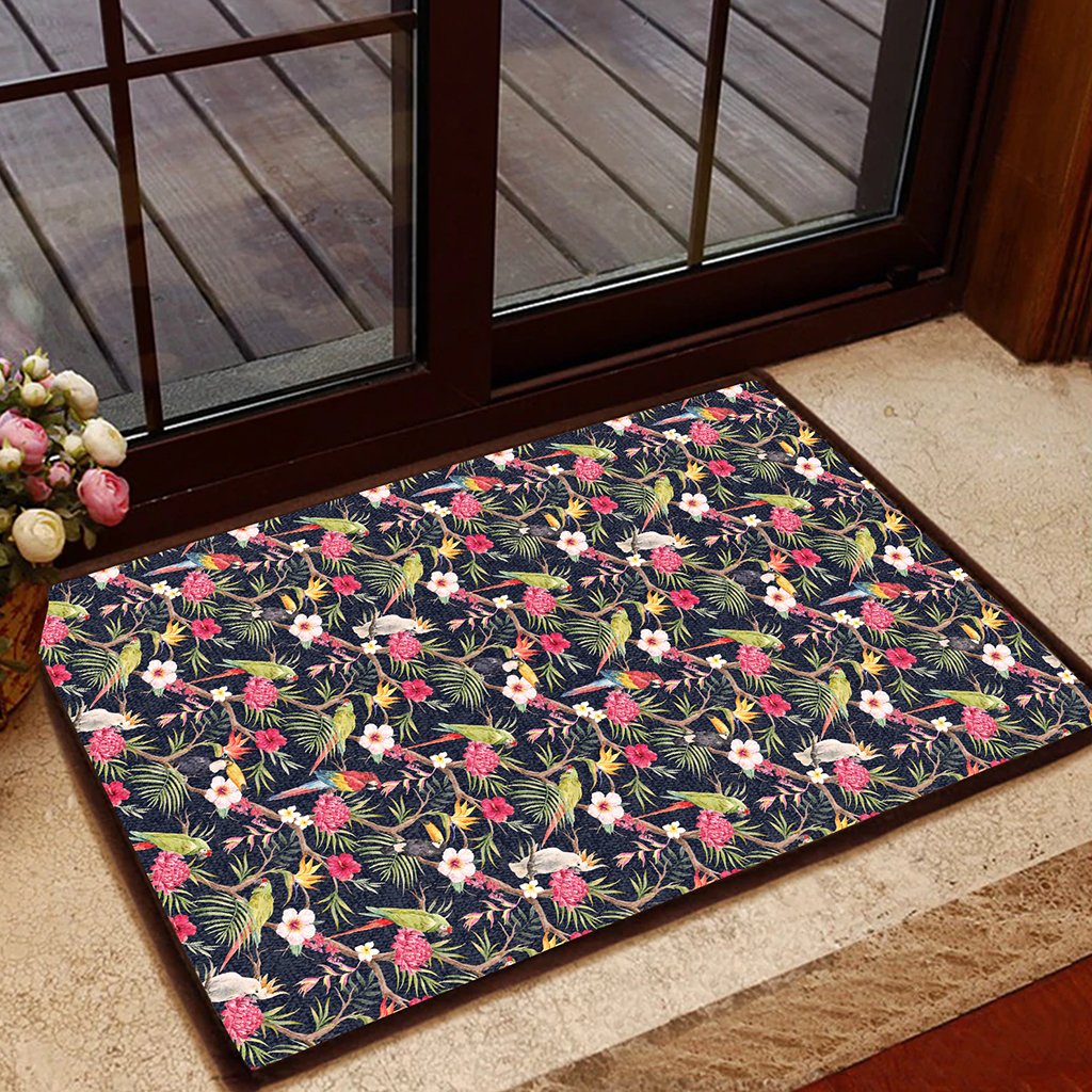 Tropical Hibiscus, Strelitzia Palm Leaves Hawaii Door Mat Door Mat Black - Polynesian Pride