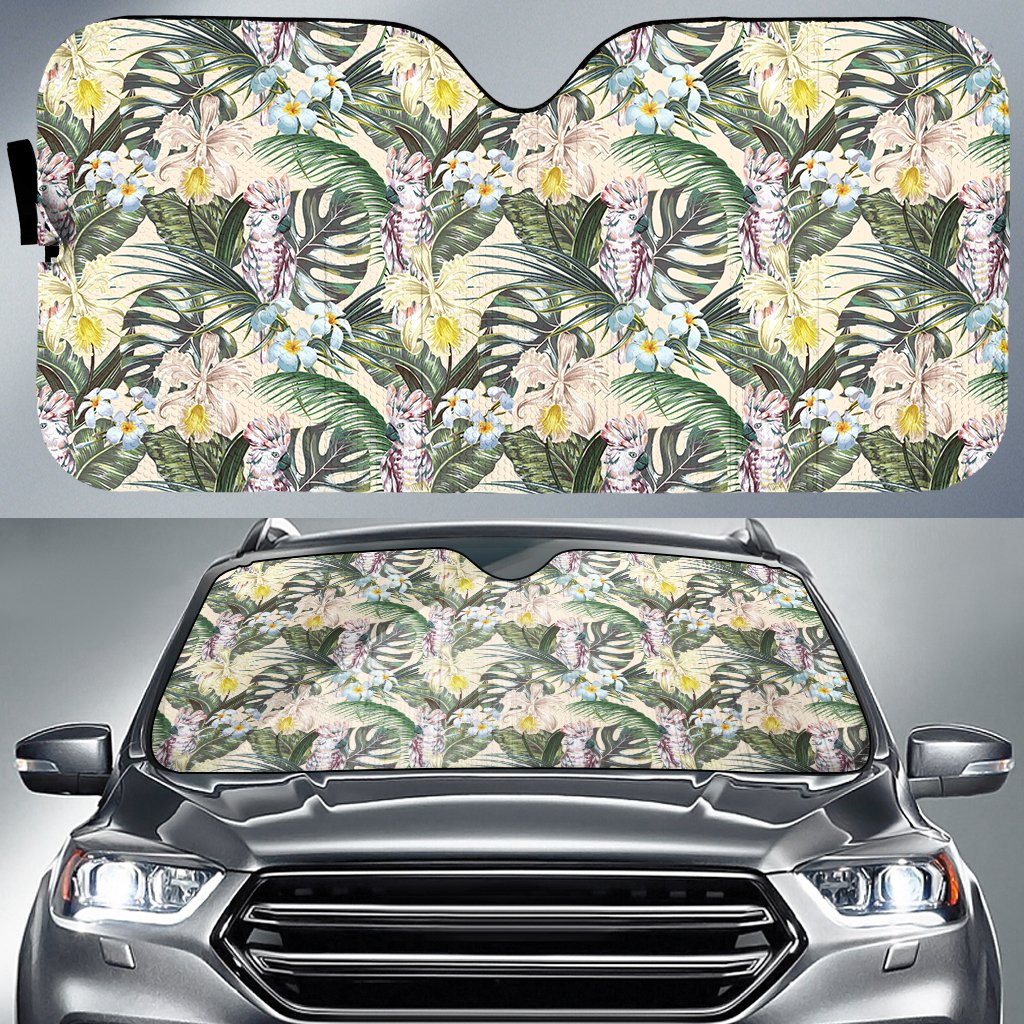 Tropical Jungle Parrots And Flamingos Hawaii Car Sun Shade Auto Sun Shade Universal Fit White - Polynesian Pride