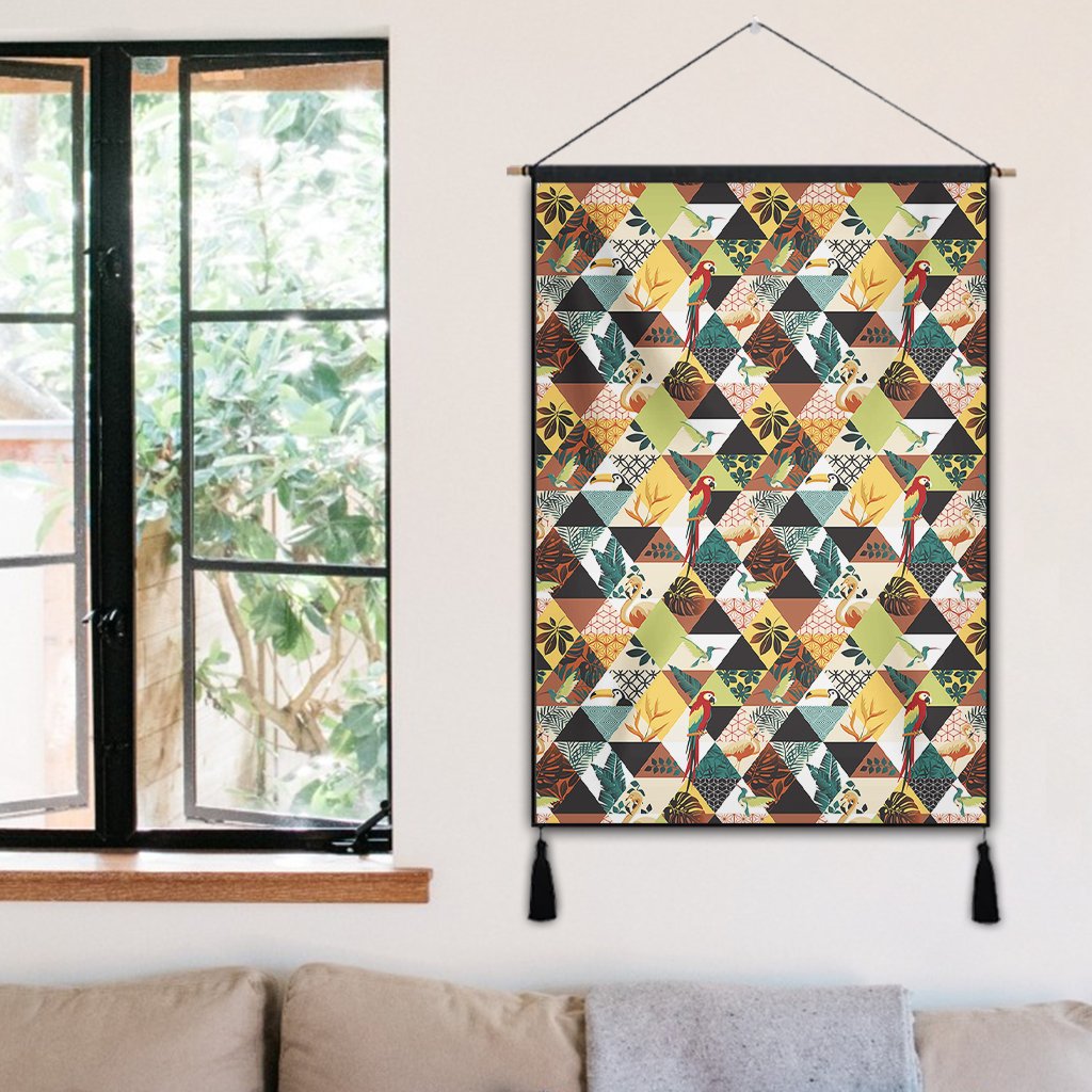 Tropical Jungle Parrots And Flamingos Pattern Hanging Poster - AH Hanging Poster 50 x 75 cm Cotton And Linen - Polynesian Pride