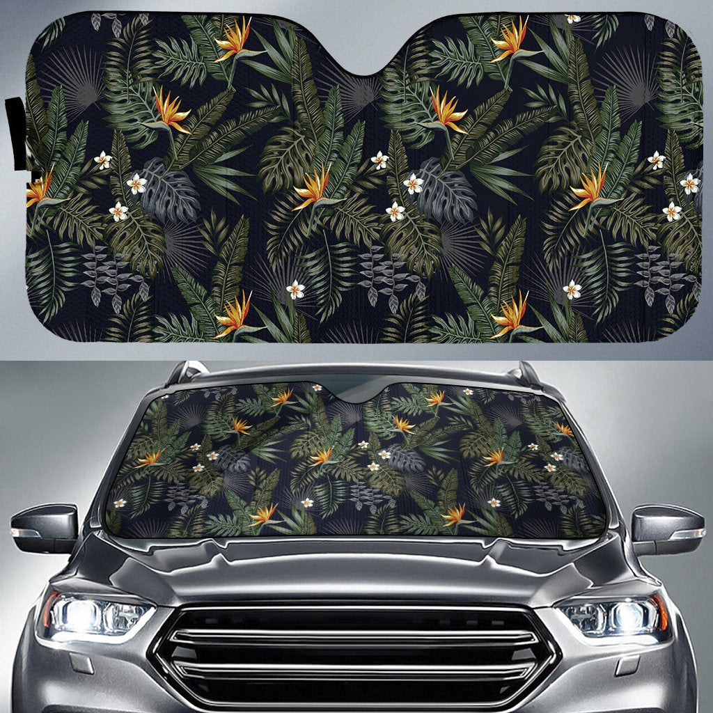 Tropical Leaves And Flowers In The Night Style Hawaii Car Sun Shade Auto Sun Shade Universal Fit White - Polynesian Pride