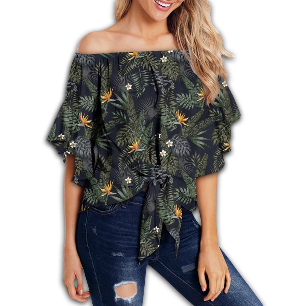 Tropical Leaves And Flowers In The Night Style Women's Off Shoulder Wrap Waist Top - AH - Polynesian Pride