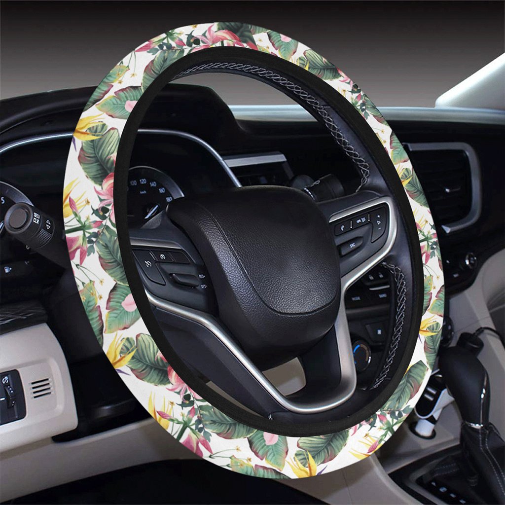 Tropical Palm Leaf White Hawaii Universal Steering Wheel Cover with Elastic Edge - Polynesian Pride