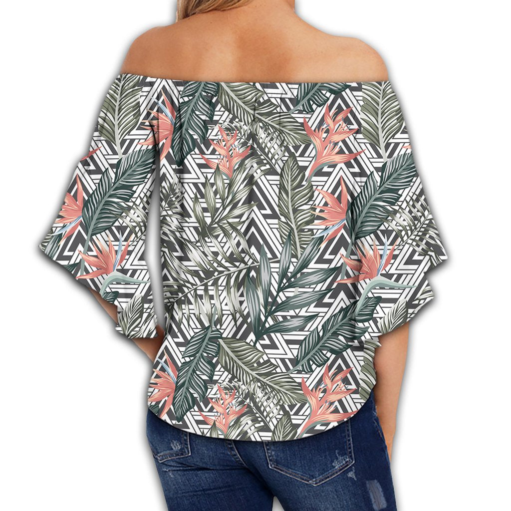 Tropical Palm Leaves And Flowers Women's Off Shoulder Wrap Waist Top - AH - Polynesian Pride