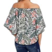 Tropical Palm Leaves And Flowers Women's Off Shoulder Wrap Waist Top - AH - Polynesian Pride