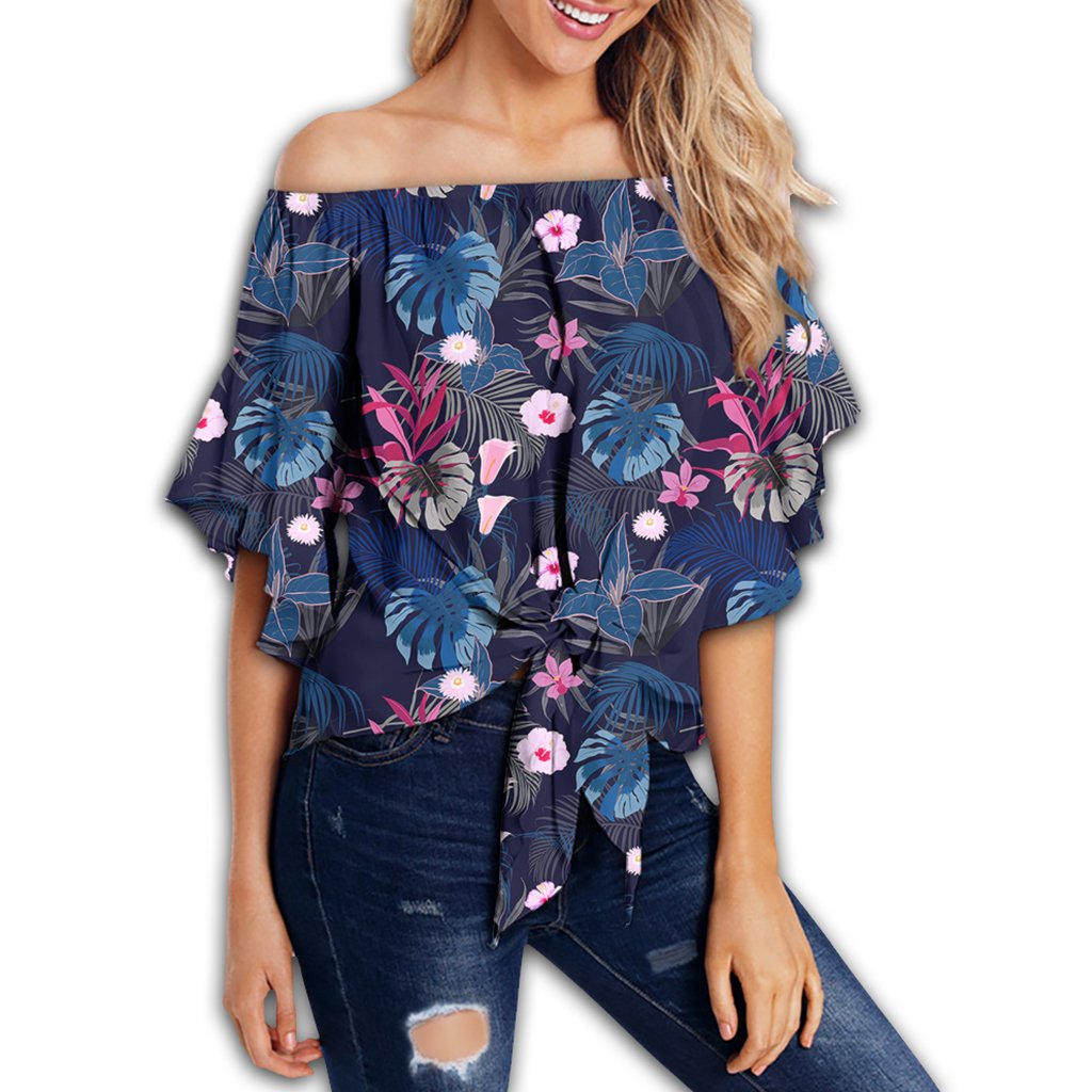 Tropical Palm Tree And Flower Women's Off Shoulder Wrap Waist Top - AH - Polynesian Pride