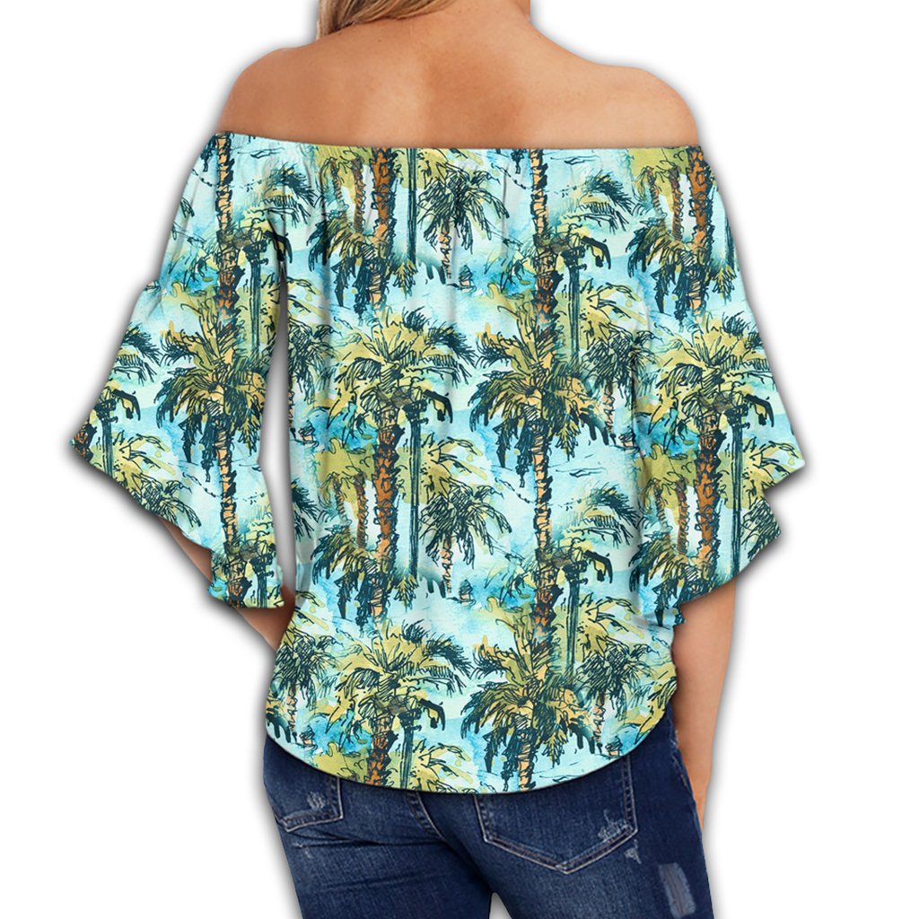 Tropical Palm Trees Blue Women's Off Shoulder Wrap Waist Top - AH - Polynesian Pride