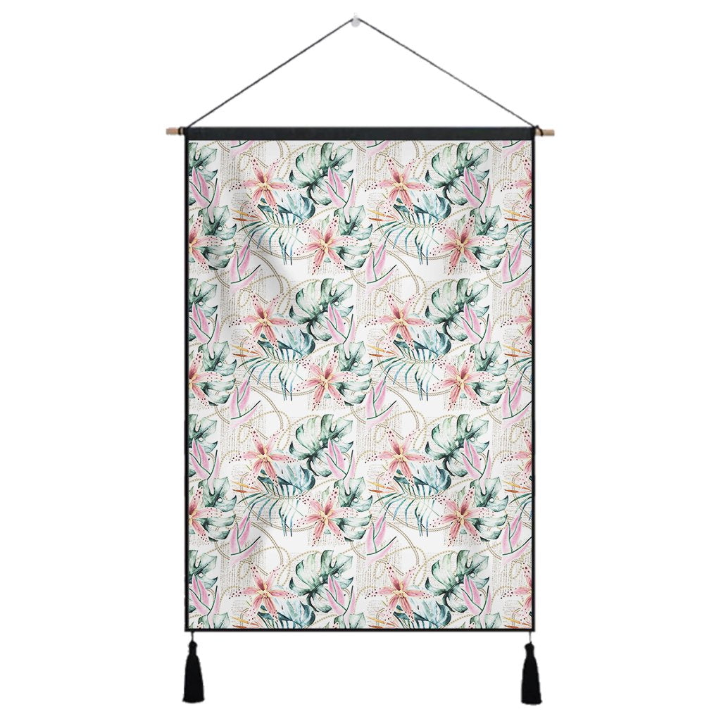 Tropical Pattern With Orchids Leaves And Gold Chains Hanging Poster - AH Hanging Poster 43 x 65 cm Cotton And Linen - Polynesian Pride