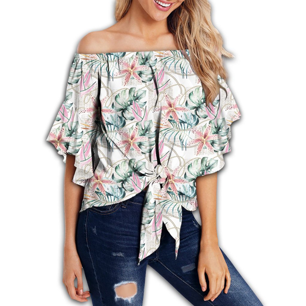 Tropical Pattern With Orchids Leaves And Gold Chains Women's Off Shoulder Wrap Waist Top - AH - Polynesian Pride