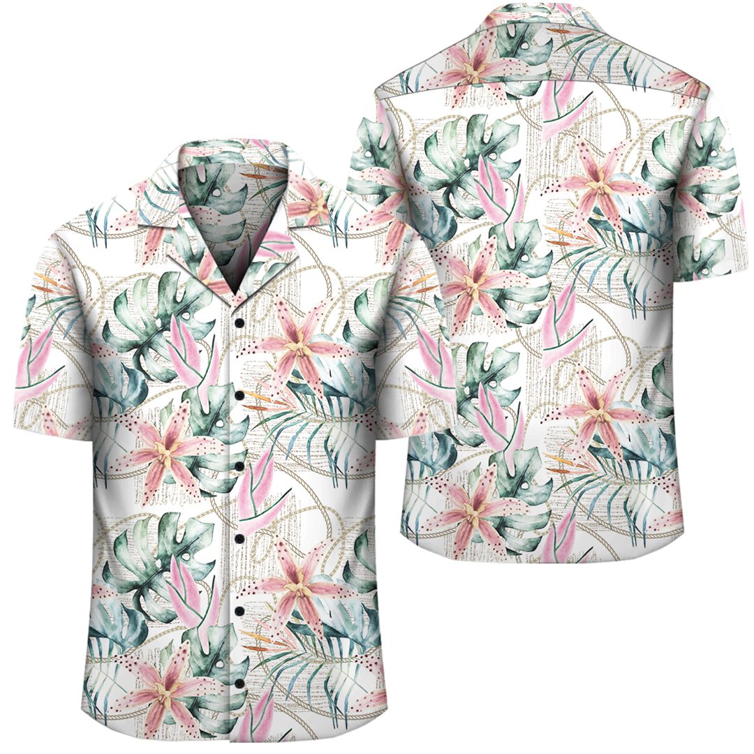 Tropical Pattern With Orchids Leaves And Gold Chains Hawaiian Shirt Unisex Black - Polynesian Pride