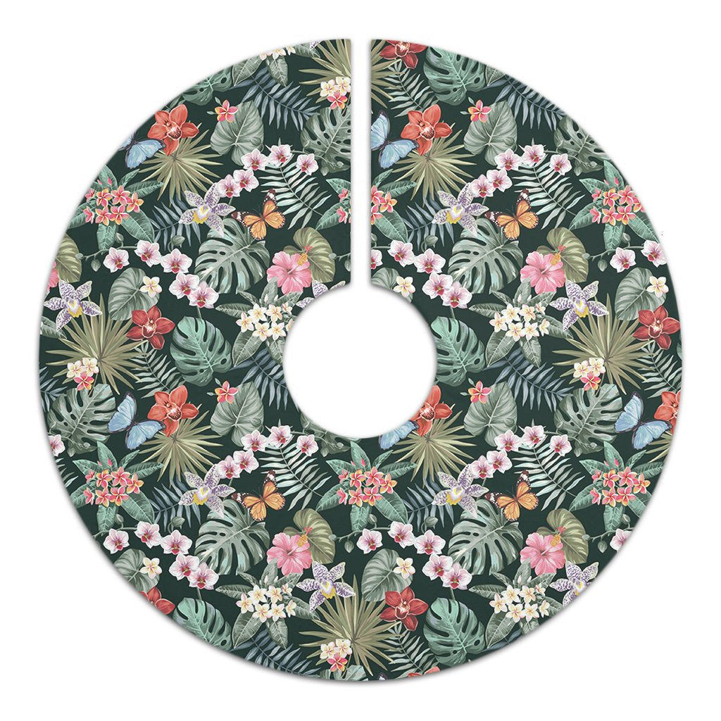 Tropical Plumeria Pattern With Palm Leaves Tree Skirt - Polynesian Pride