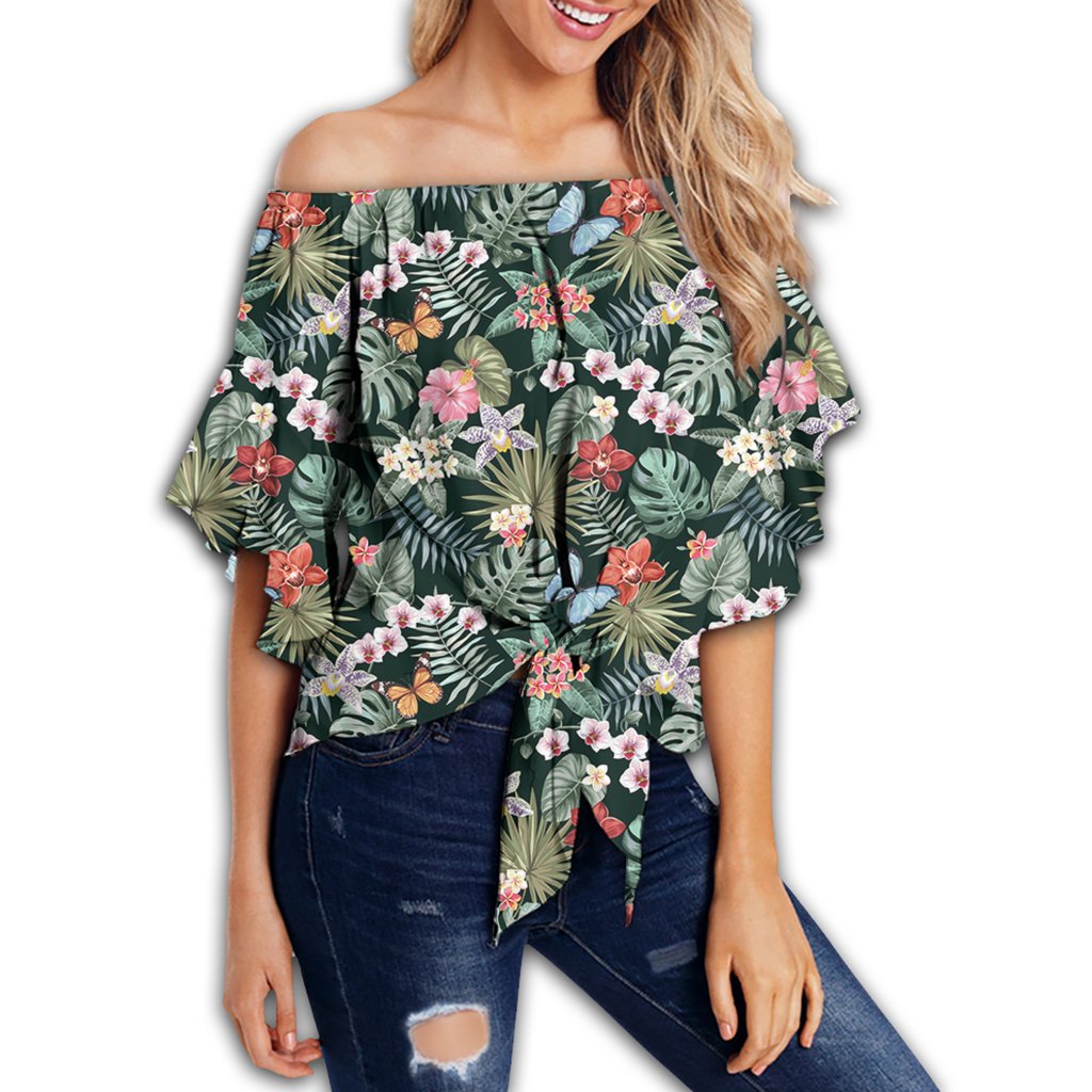 Tropical Plumeria Pattern With Palm Leaves Women's Off Shoulder Wrap Waist Top - AH - Polynesian Pride
