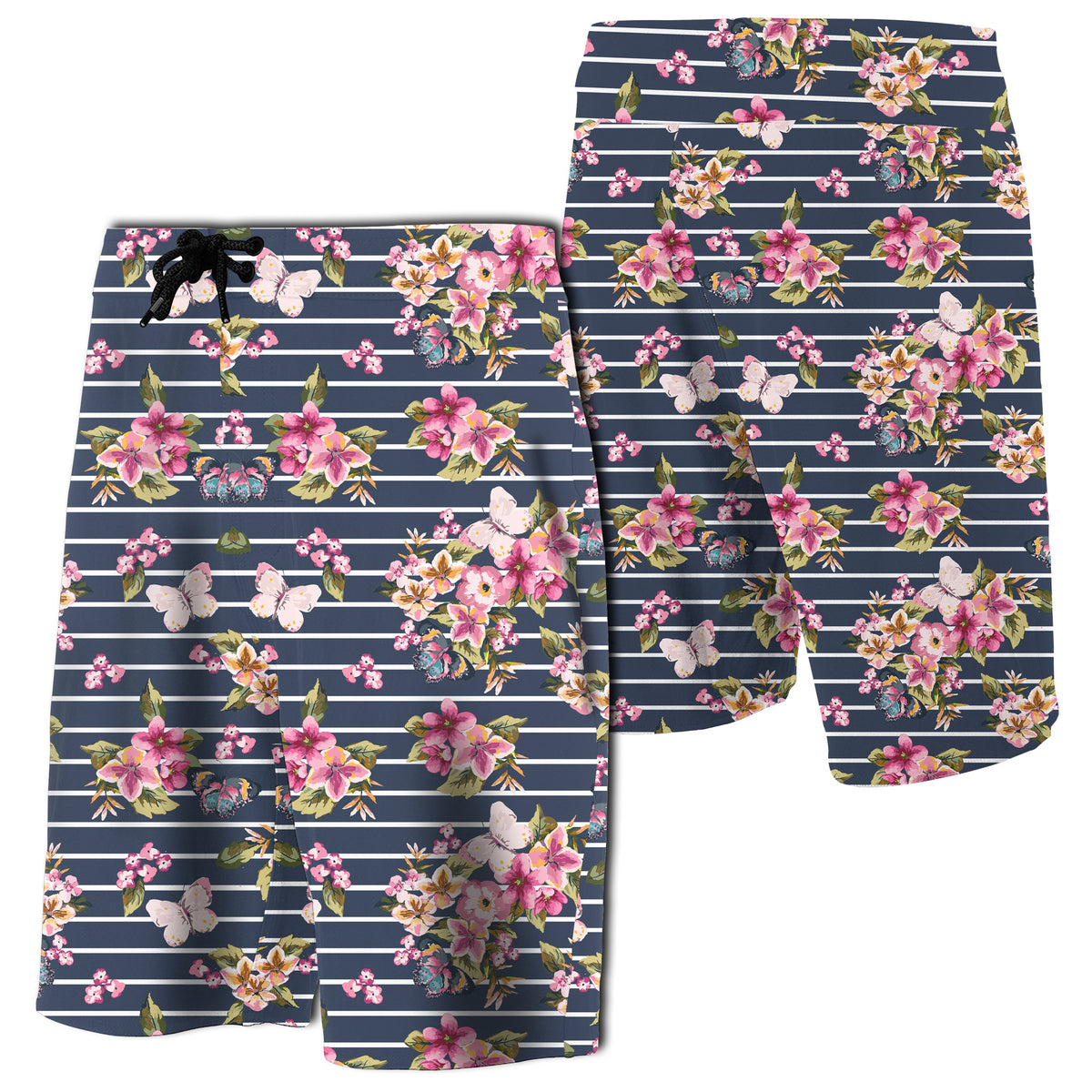 Tropical Butterfly Pink Board Shorts Men Black - Polynesian Pride