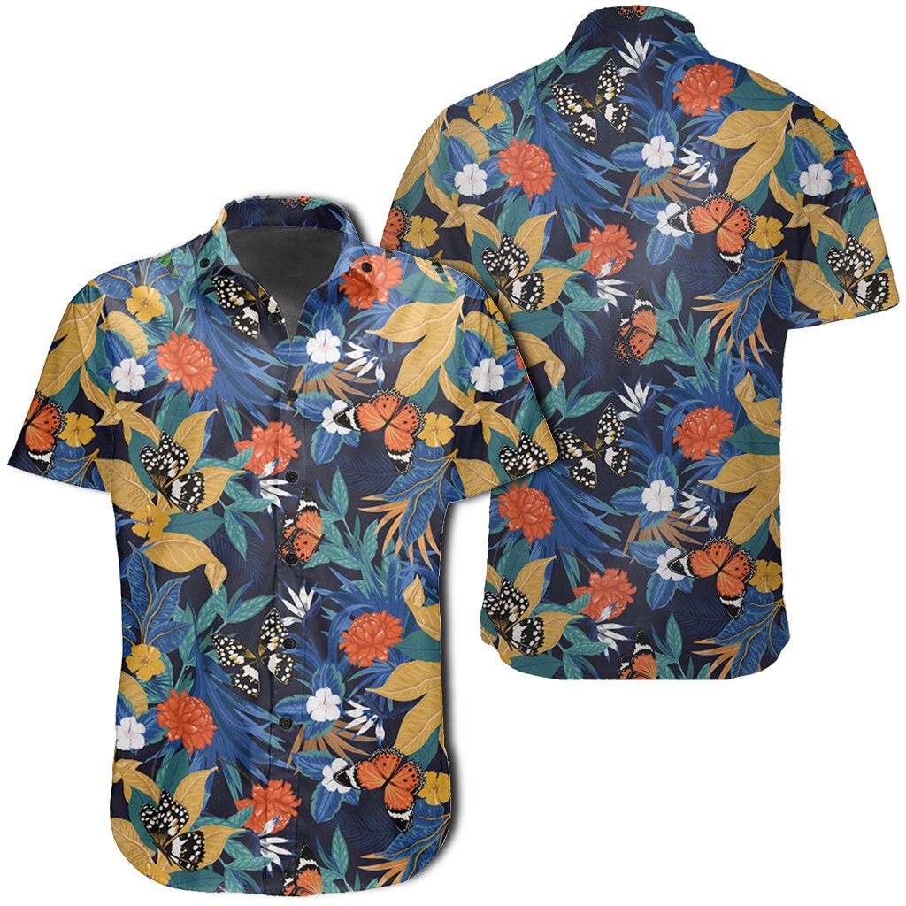 Hawaiian Shirt - Tropical Buttterfly And Flower Shirt Unisex Black - Polynesian Pride