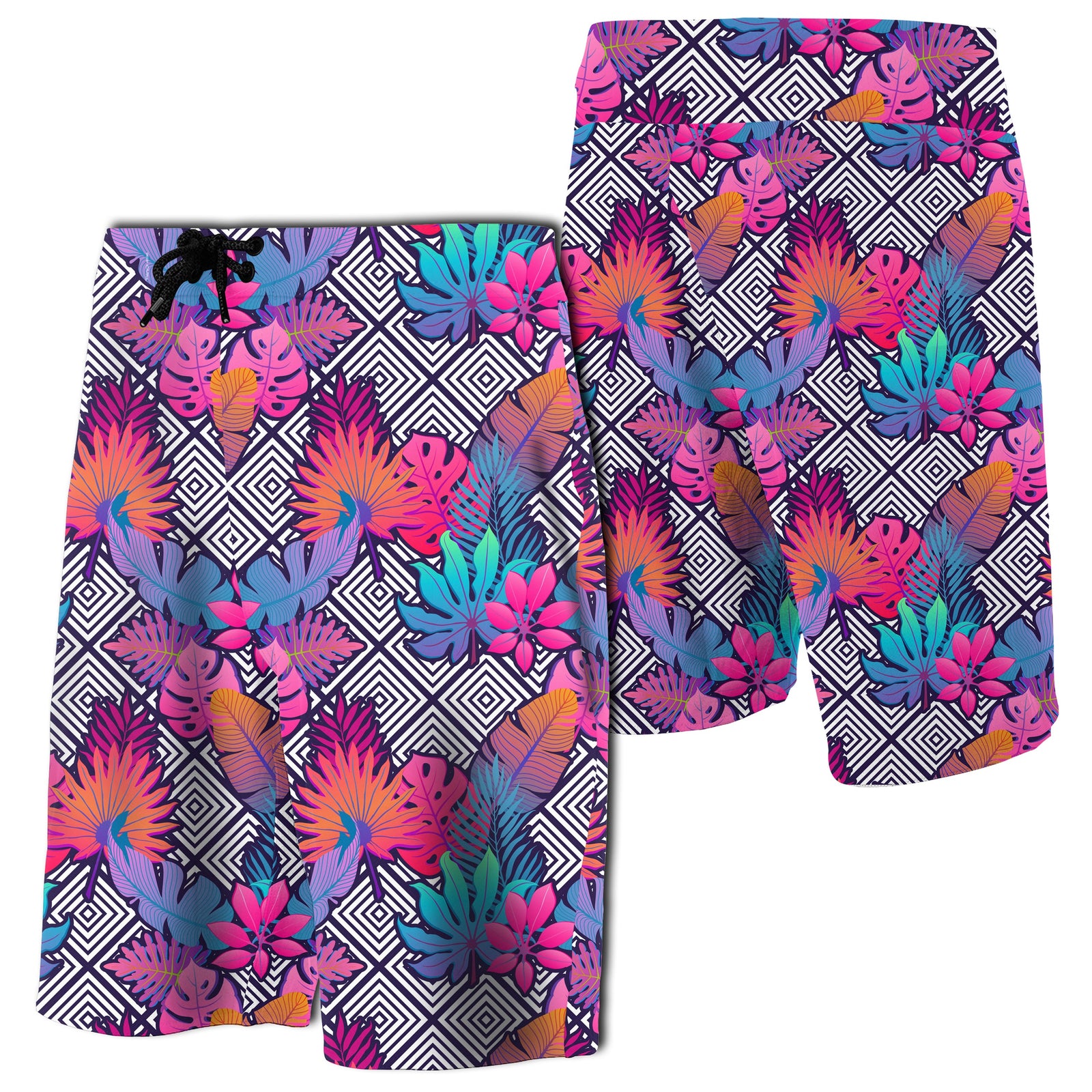 Tropical Exotic Leaves And Flowers On Geometrical Board Shorts Men Pink - Polynesian Pride