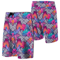 Tropical Exotic Leaves And Flowers On Geometrical Board Shorts Men Pink - Polynesian Pride