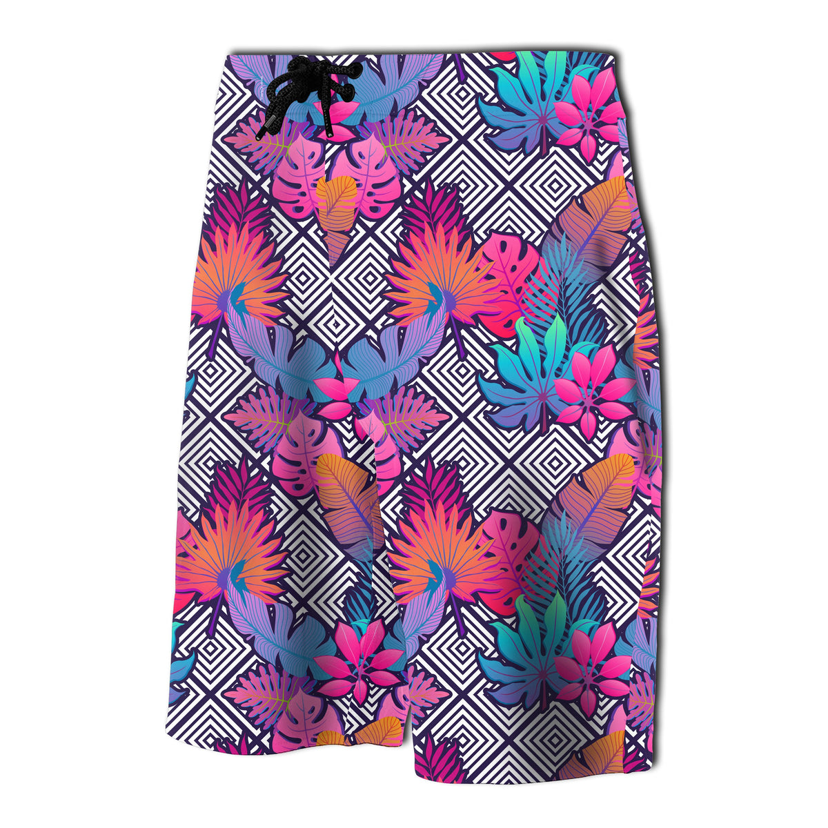 Tropical Exotic Leaves And Flowers On Geometrical Board Shorts - Polynesian Pride