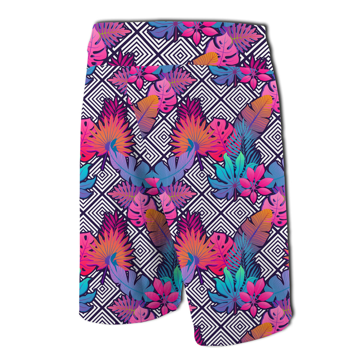 Tropical Exotic Leaves And Flowers On Geometrical Board Shorts - Polynesian Pride
