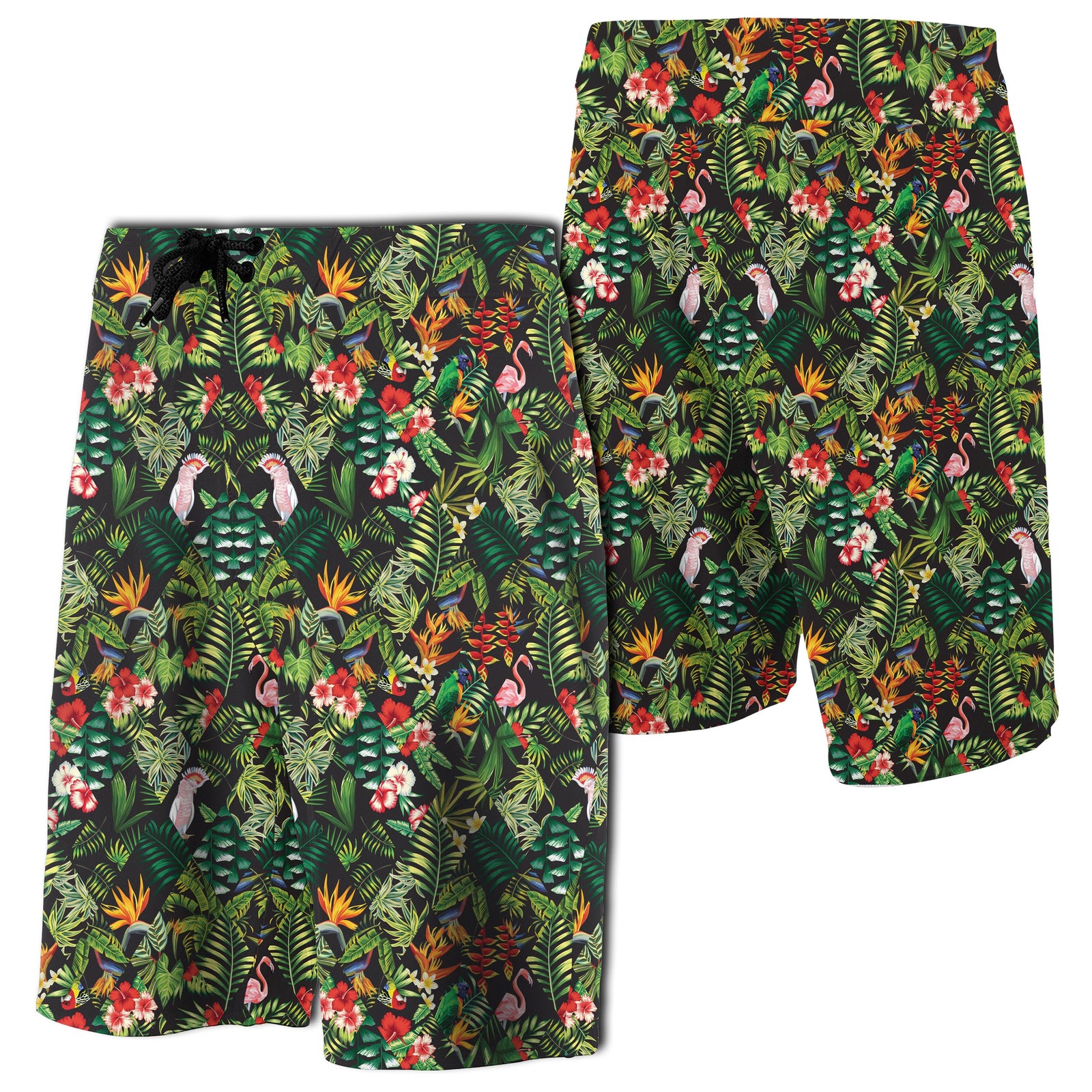 Tropical Flamingo Hibiscus Board Shorts Men Green - Polynesian Pride