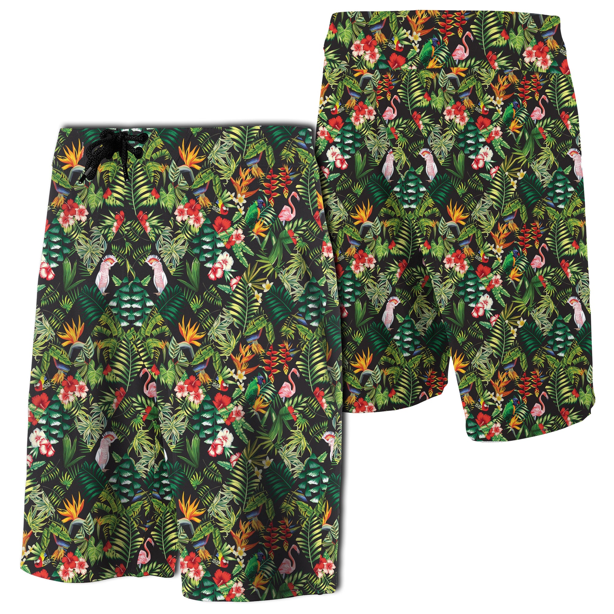 Tropical Flamingo Hibiscus Board Shorts Men Green - Polynesian Pride