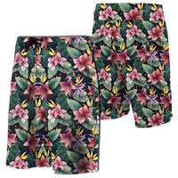 Tropical Flowers, Palm And Leaves Board Shorts Men Green - Polynesian Pride