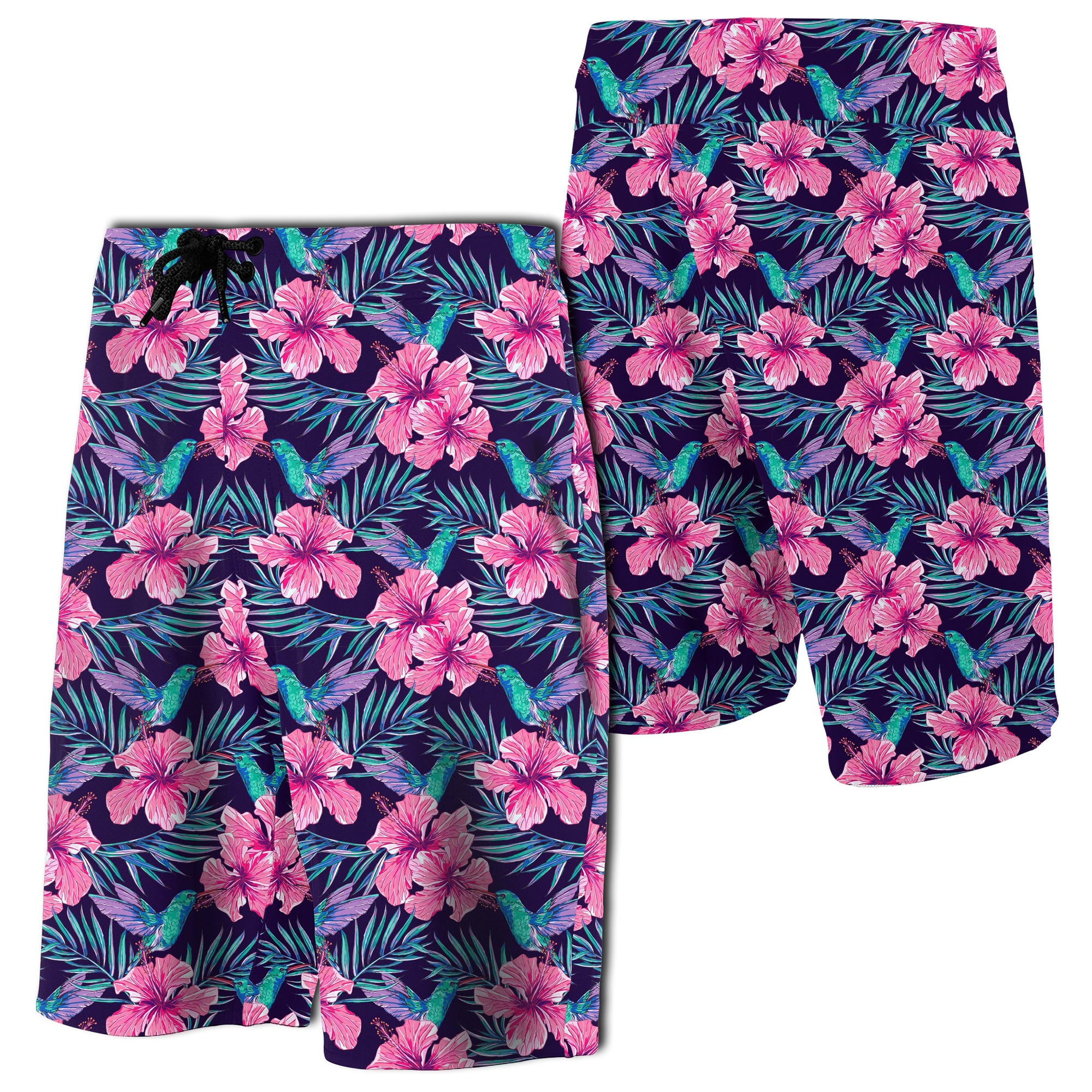 Tropical Flowers With Hummingbirds Palm Leaves Board Shorts Men Pink - Polynesian Pride