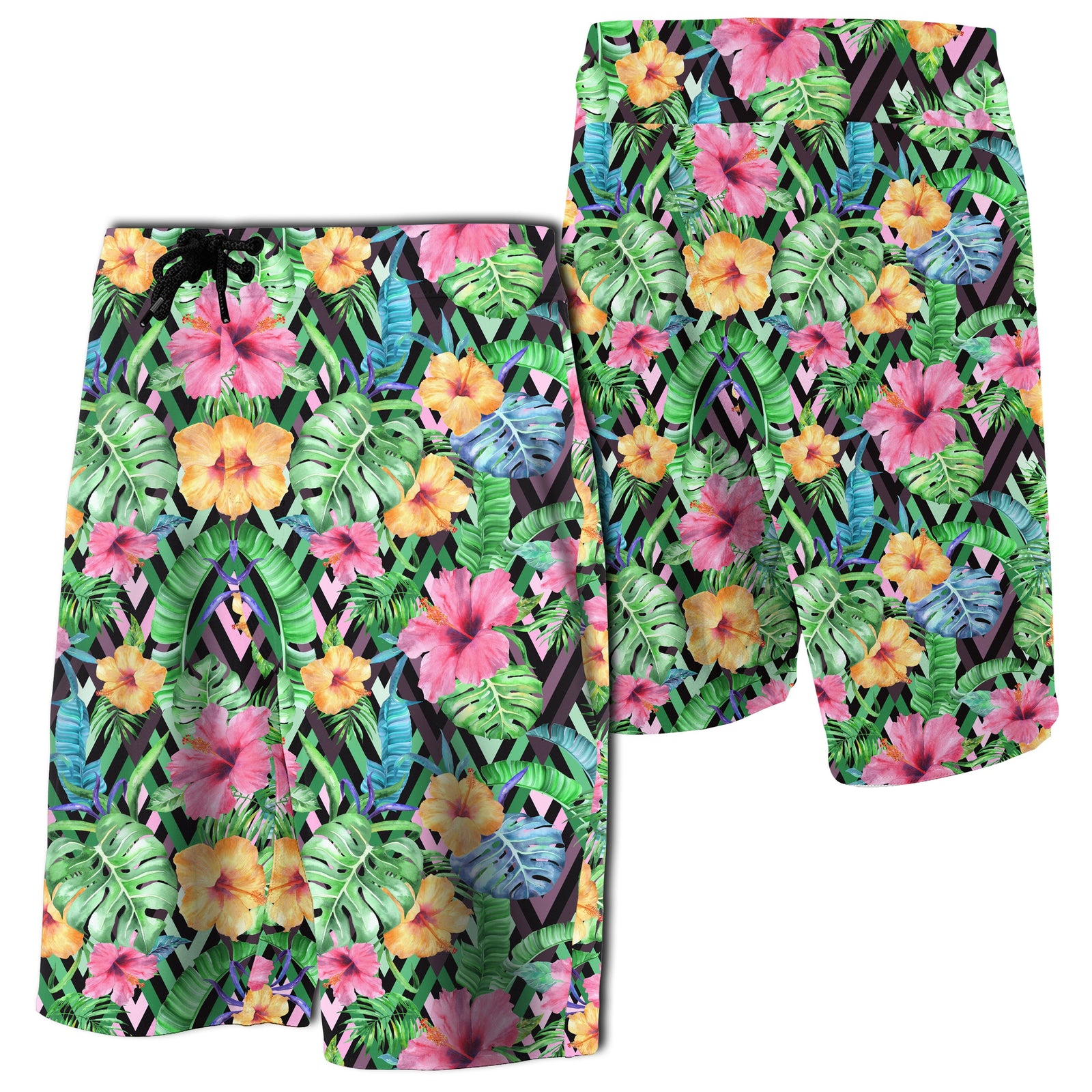 Tropical Hibiscus Banana Leafs Board Shorts Men Green - Polynesian Pride