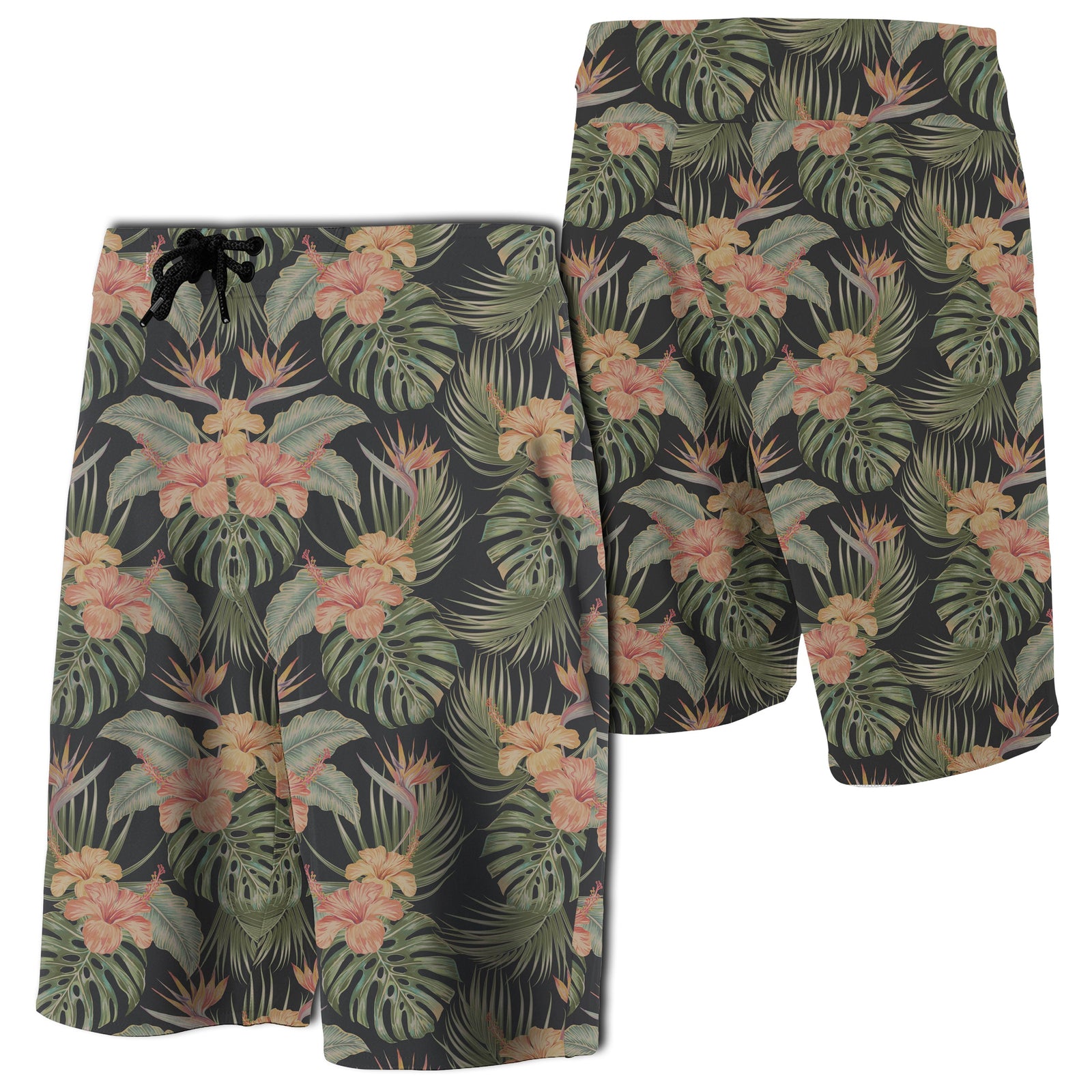 Tropical Hibiscus Monstera Leaf Board Shorts Men Black - Polynesian Pride