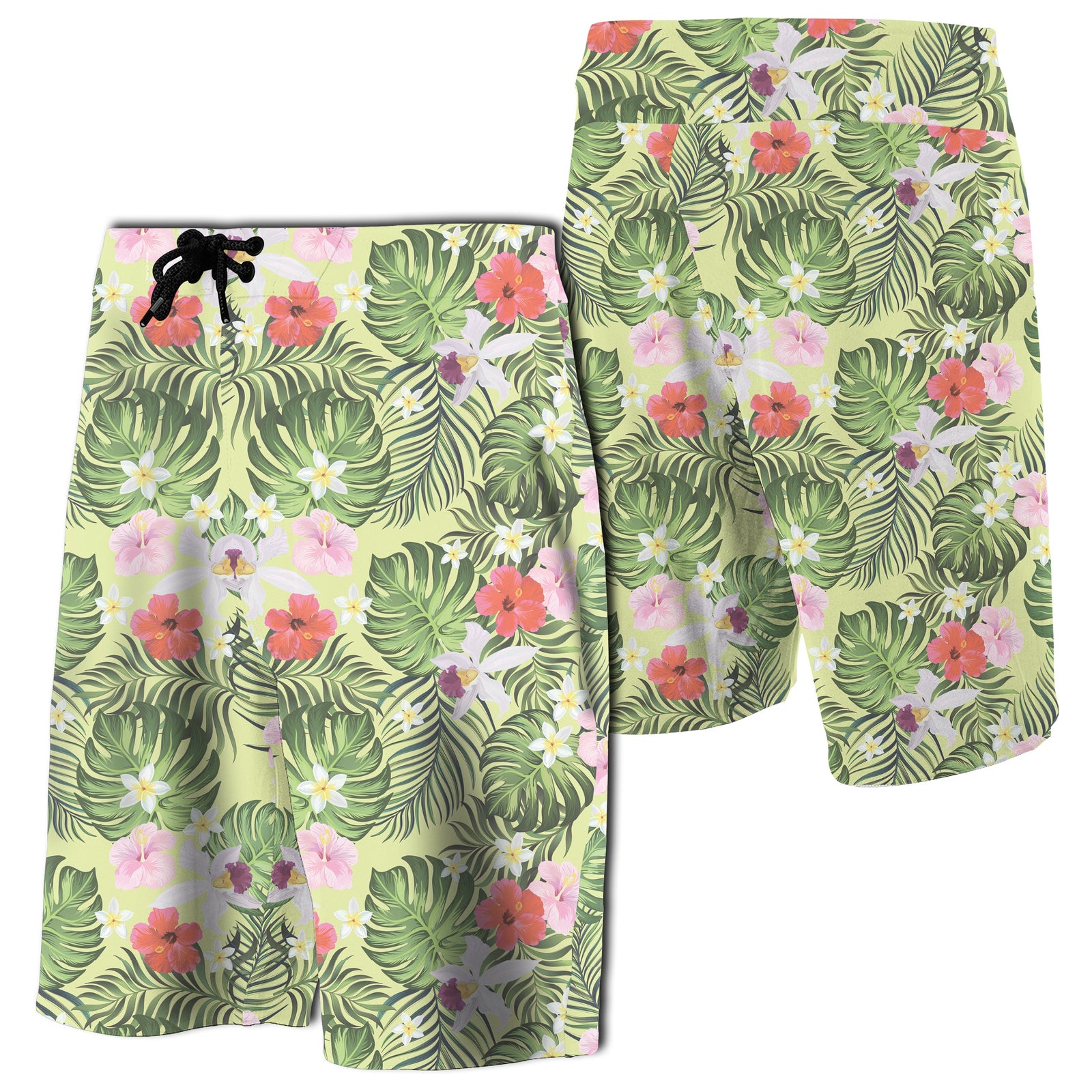 Tropical Hibiscus, Plumeria Green Board Shorts Men Green - Polynesian Pride