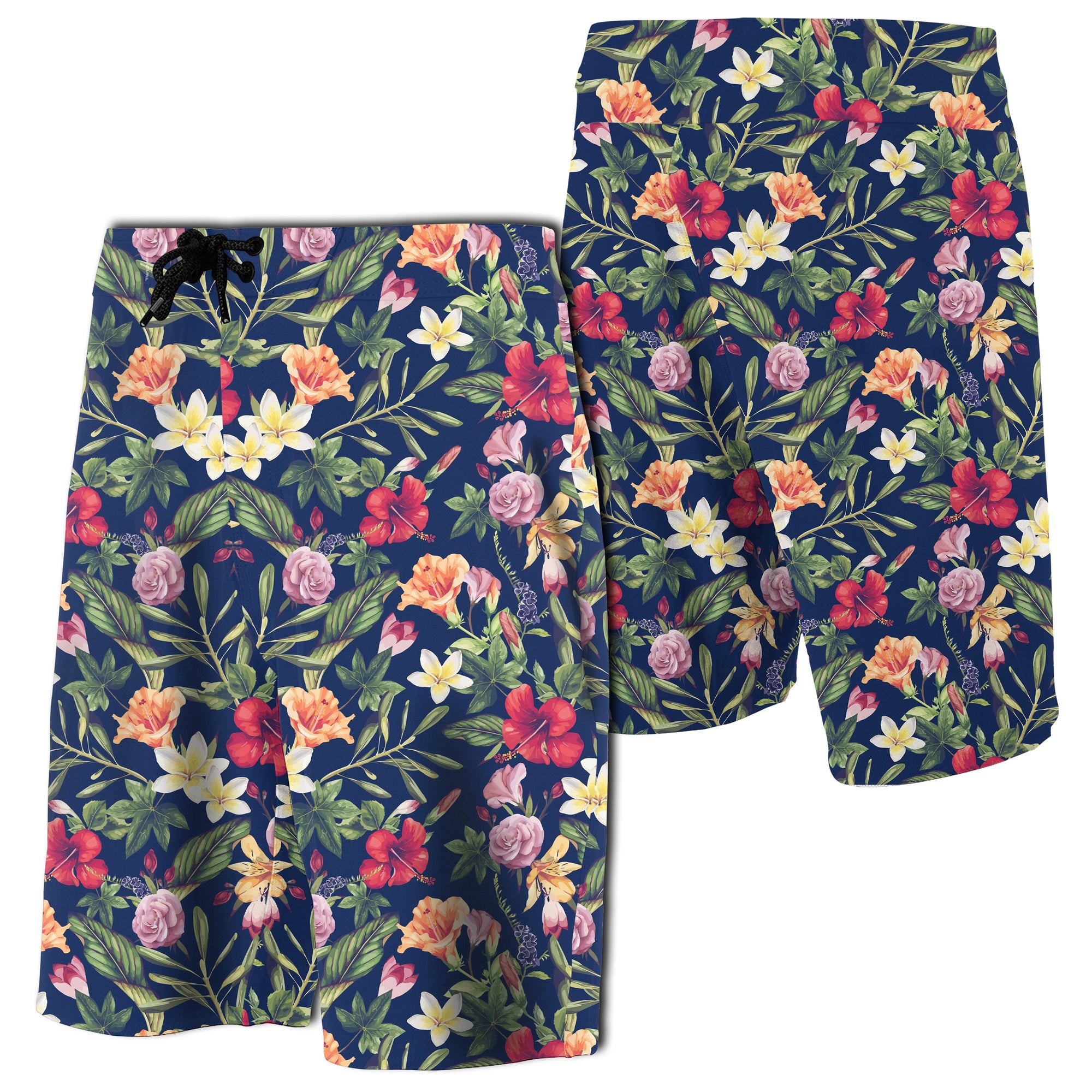 Tropical Hibiscus Red And Plumeria White Board Shorts Men Black - Polynesian Pride