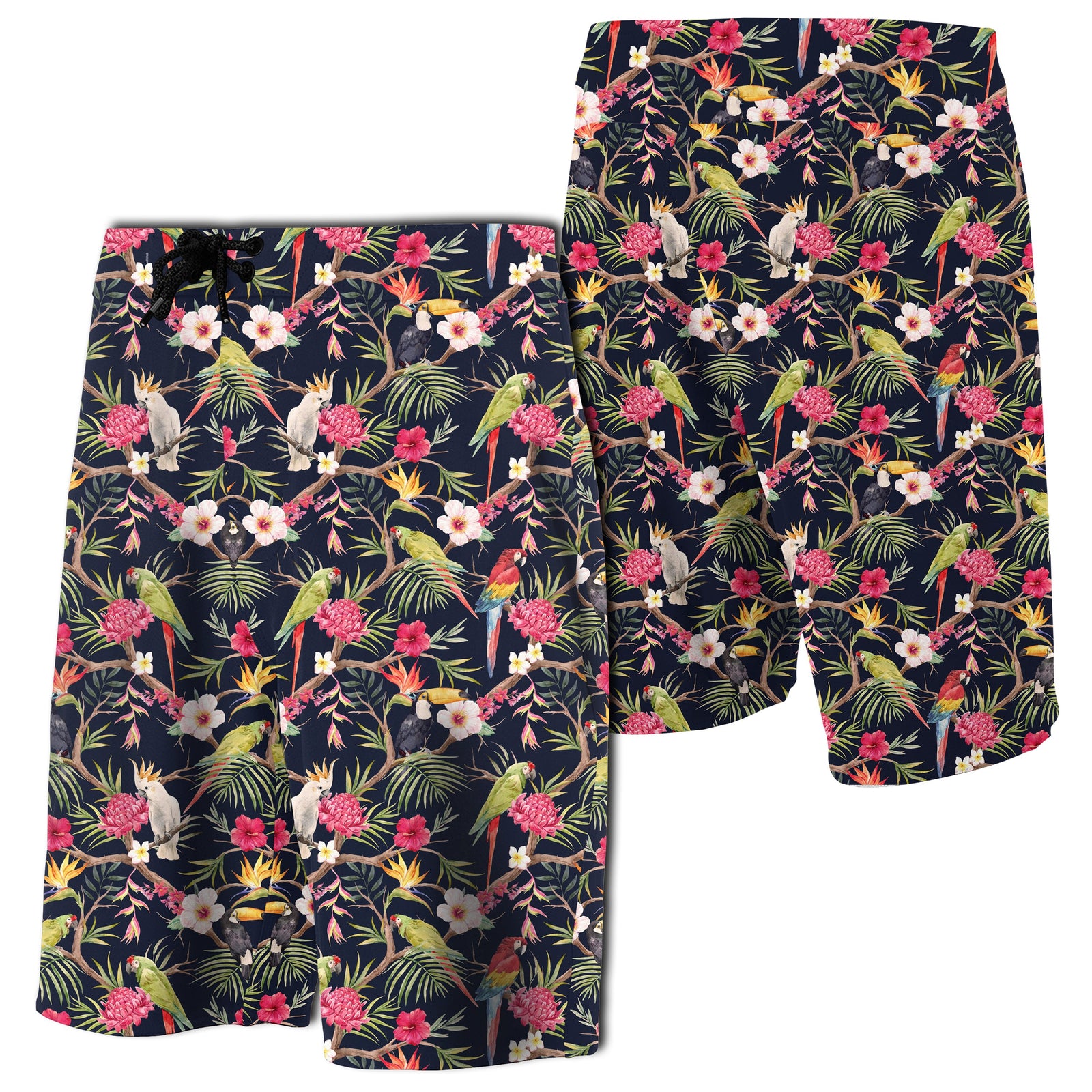 Tropical Hibiscus, Strelitzia Palm Leaves Board Shorts Men Black - Polynesian Pride