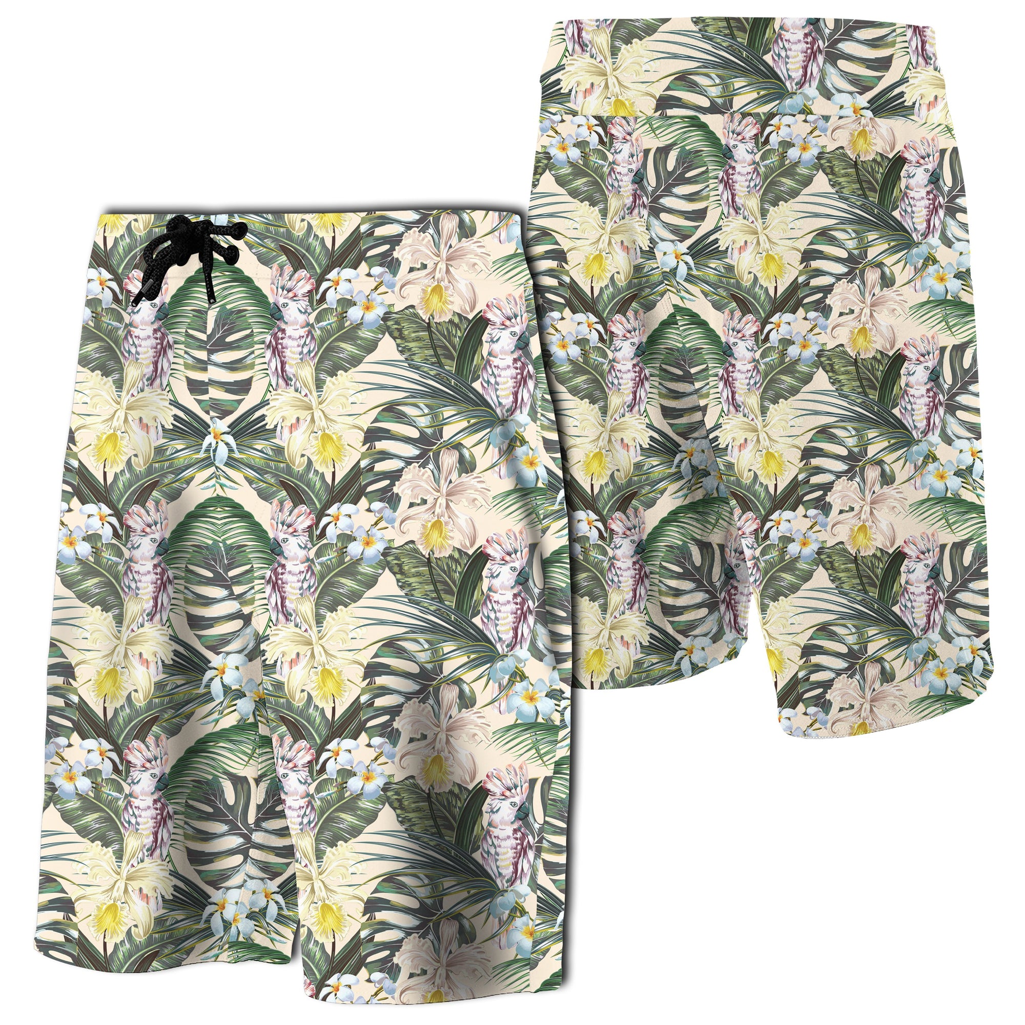Tropical Jungle Parrots And Flamingos Board Shorts Men Green - Polynesian Pride
