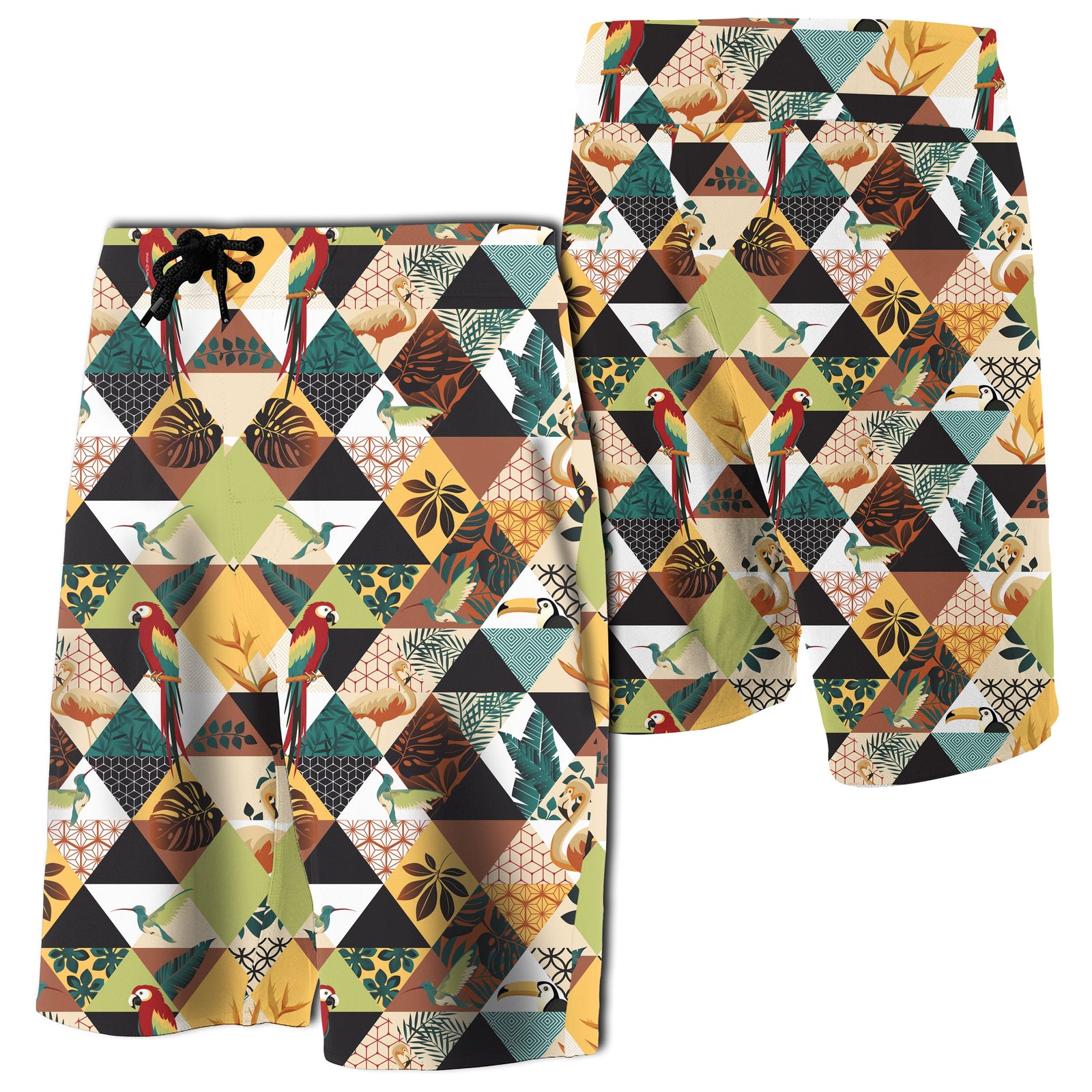 Tropical Jungle Parrots And Flamingos Pattern Board Shorts Men White - Polynesian Pride