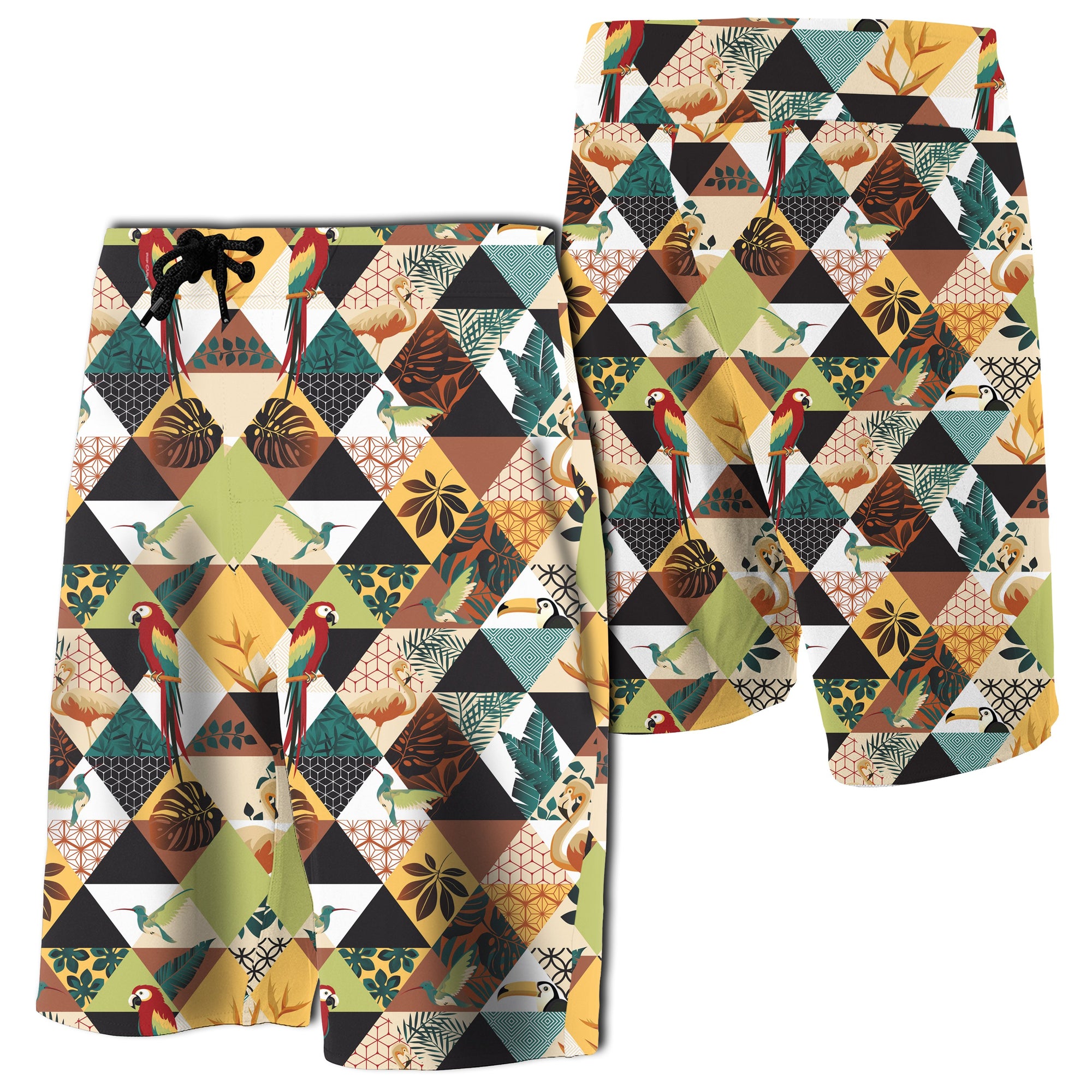 Tropical Jungle Parrots And Flamingos Pattern Board Shorts Men White - Polynesian Pride