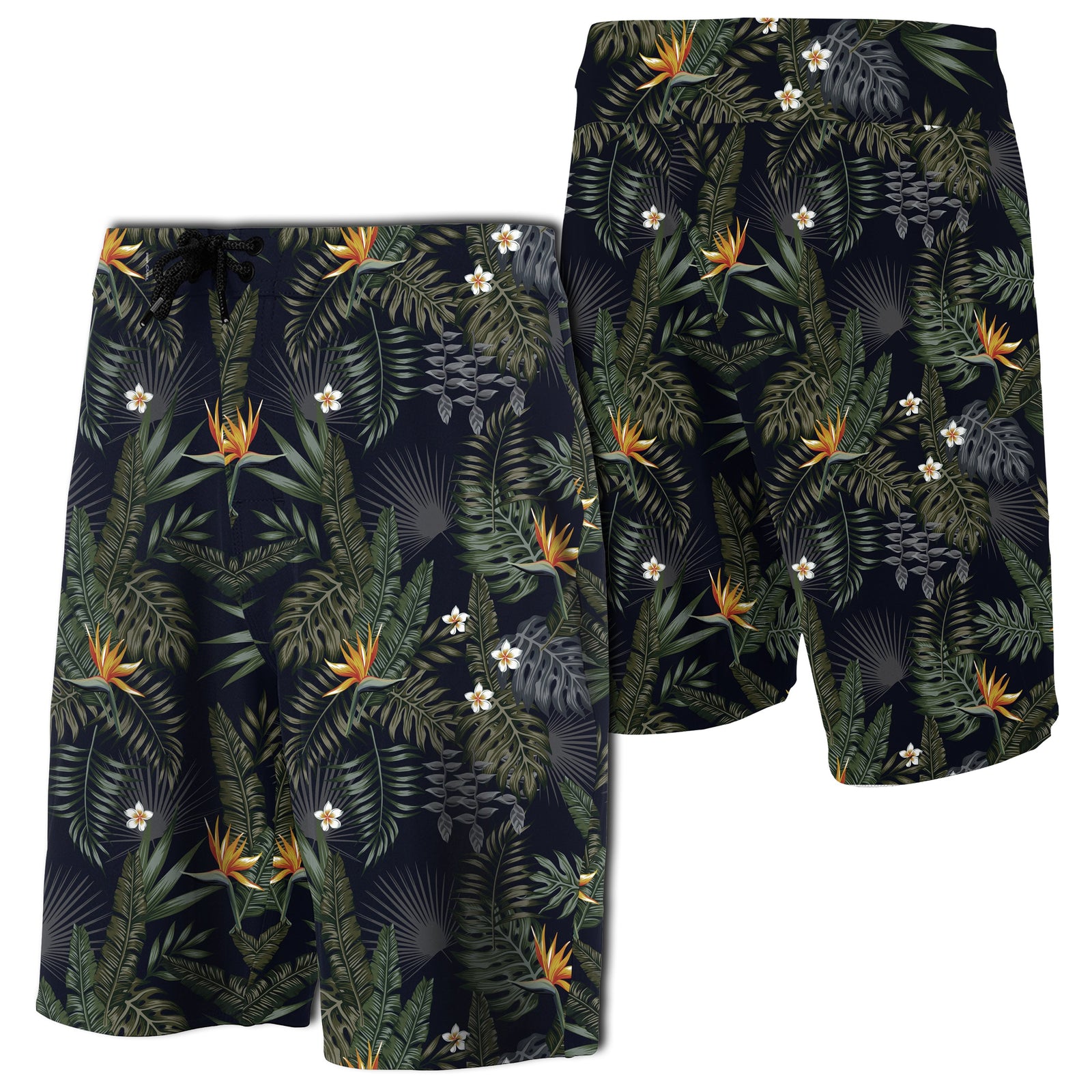 Tropical Leaves And Flowers In The Night Style Board Shorts Men Black - Polynesian Pride