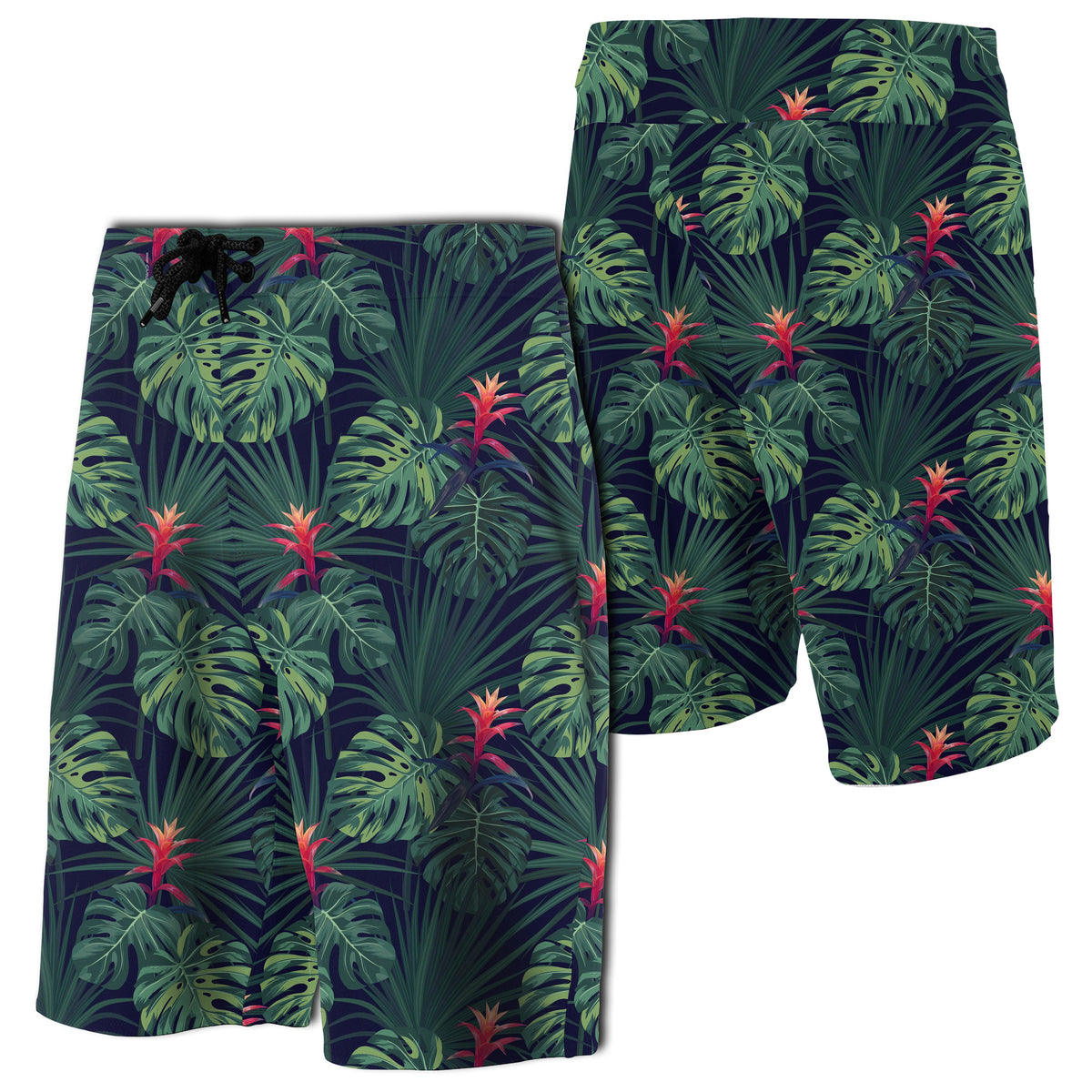 Tropical Monstera Leaf Green Board Shorts Men Black - Polynesian Pride