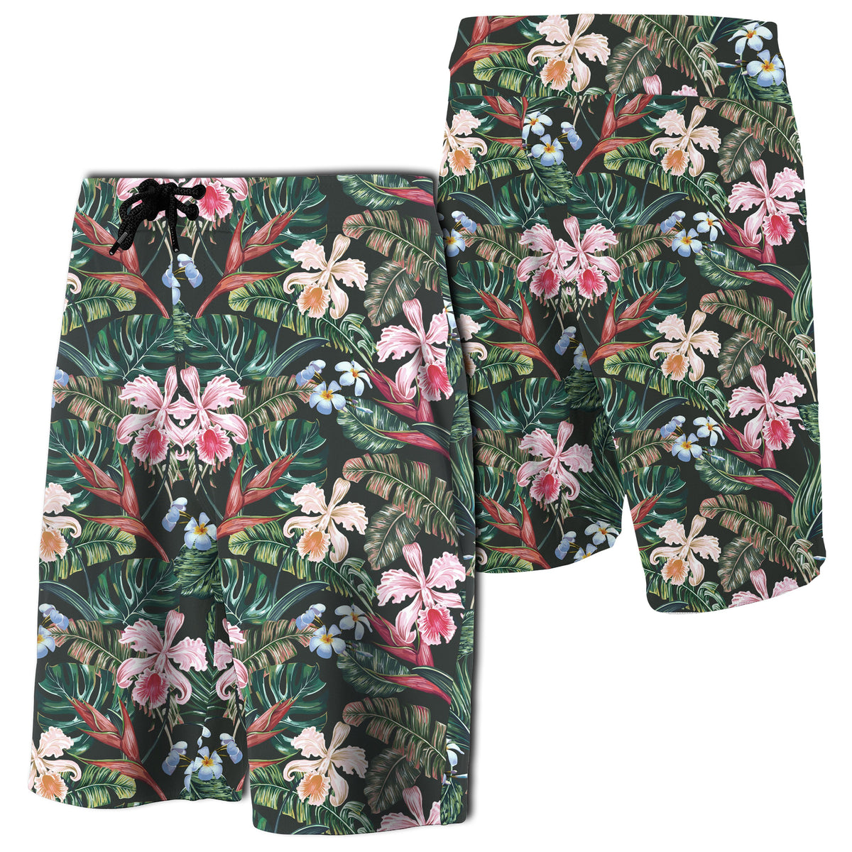 Tropical Monstera Leaf Red Board Shorts Men Black - Polynesian Pride