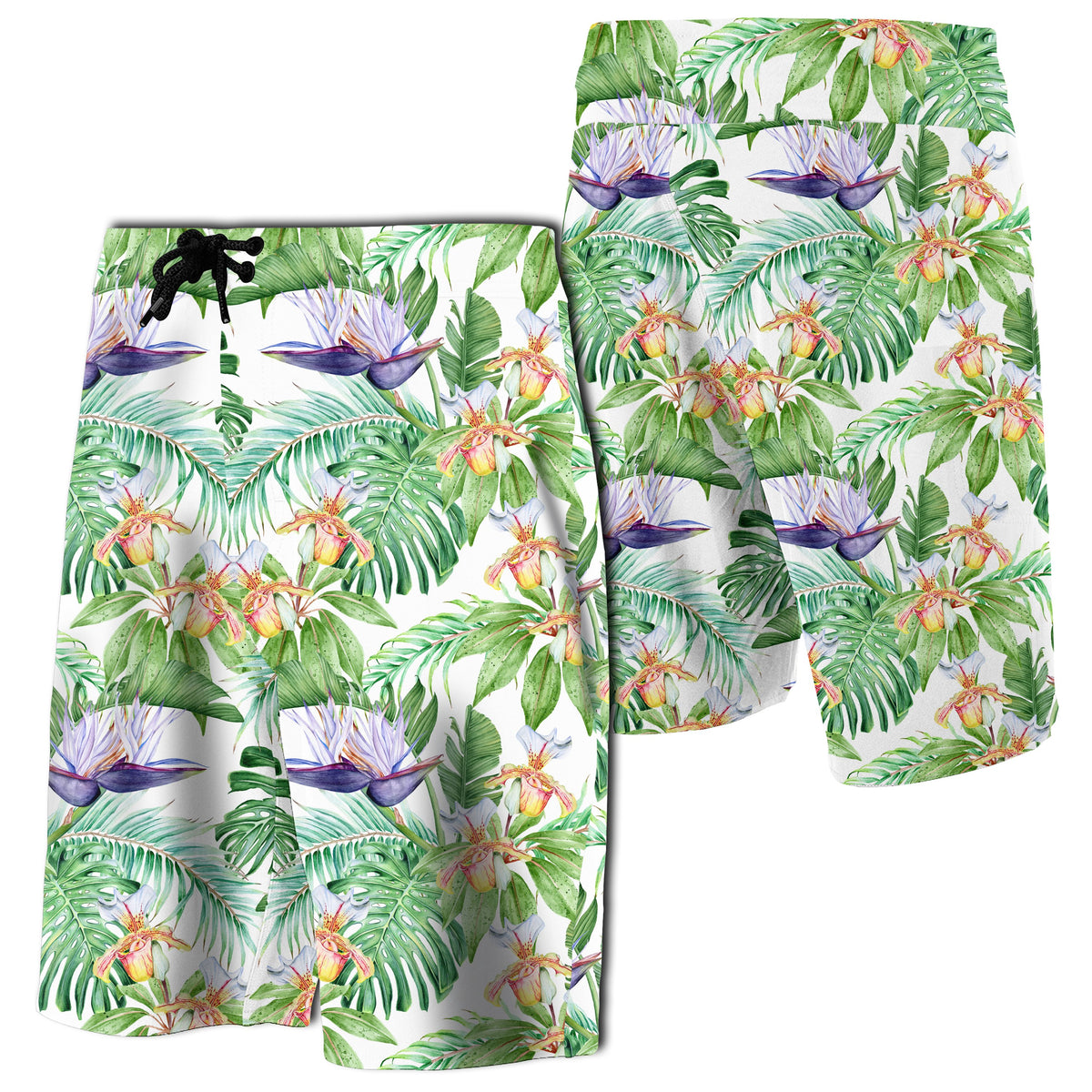 Tropical Orange Orchids Strelitzia Monstera Board Shorts Men Green - Polynesian Pride
