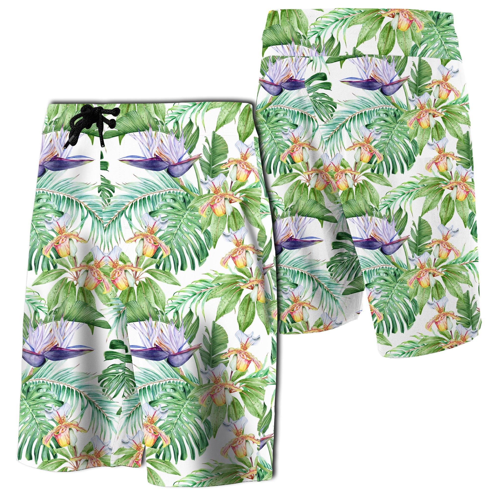 Tropical Orange Orchids Strelitzia Monstera Board Shorts Men Green - Polynesian Pride