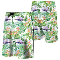 Tropical Orange Orchids Strelitzia Monstera Board Shorts Men Green - Polynesian Pride