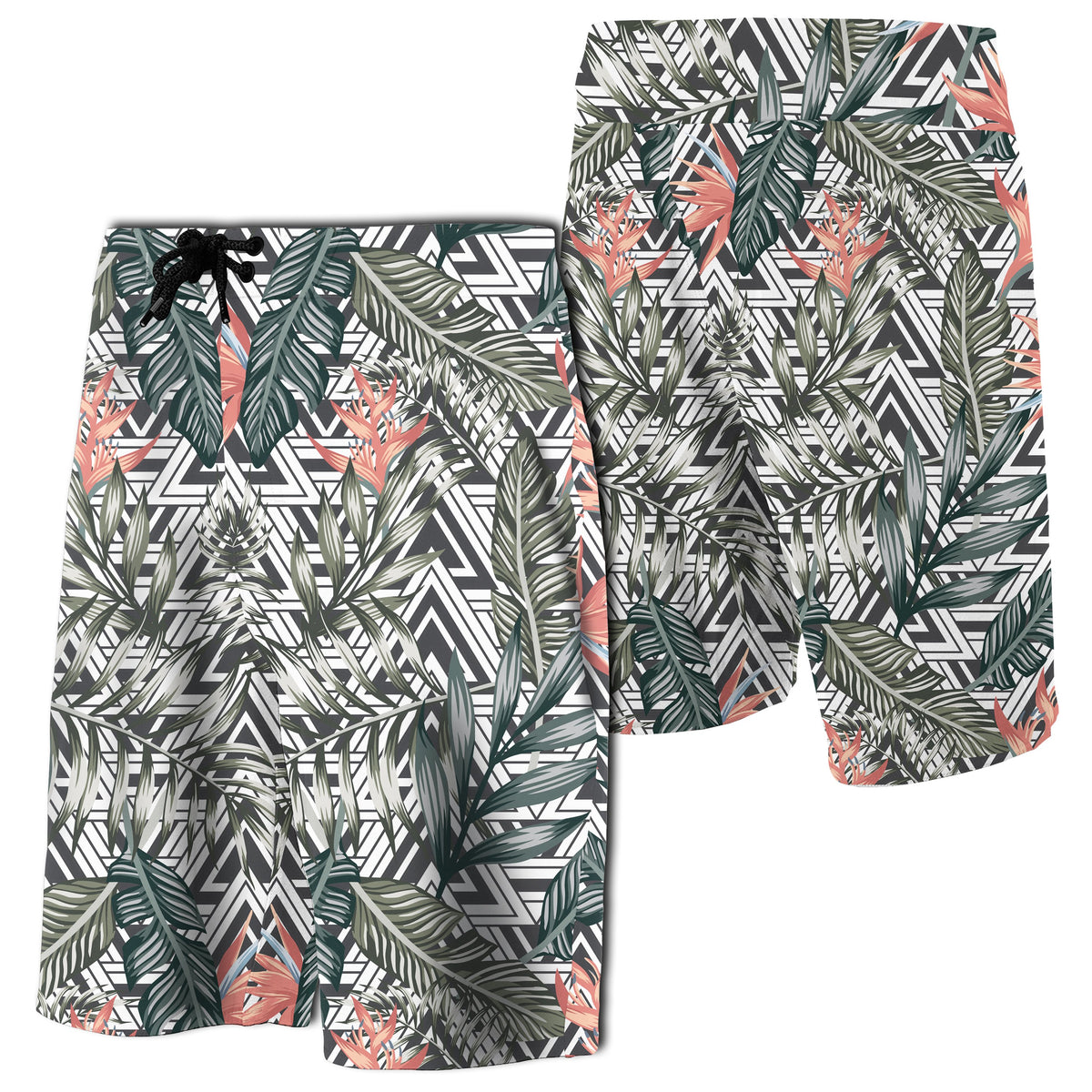 Tropical Palm Leaves And Flowers Board Shorts Men Green - Polynesian Pride