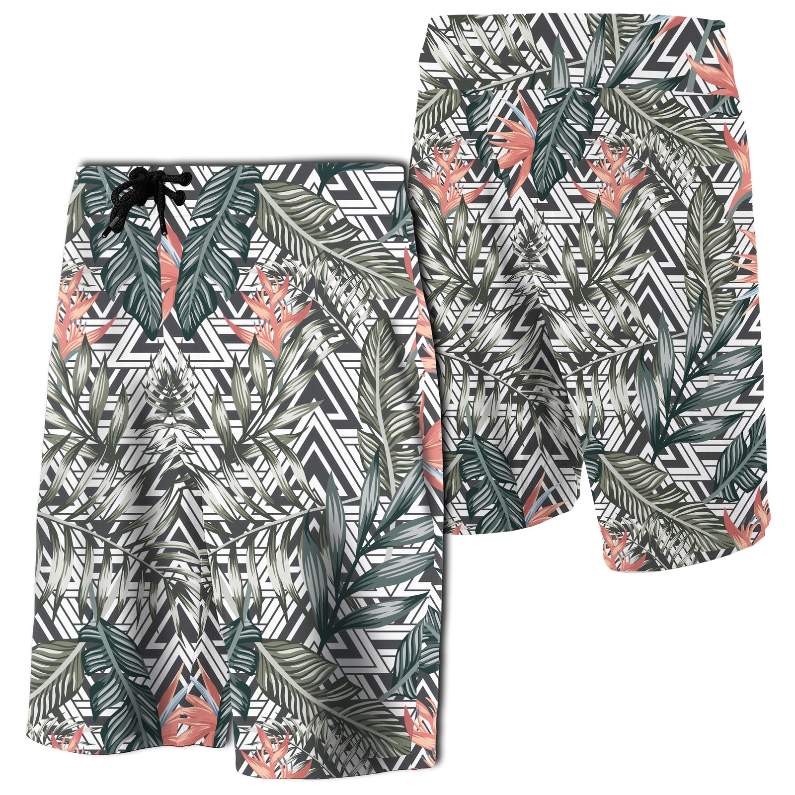 Tropical Palm Leaves And Flowers Board Shorts Men Green - Polynesian Pride