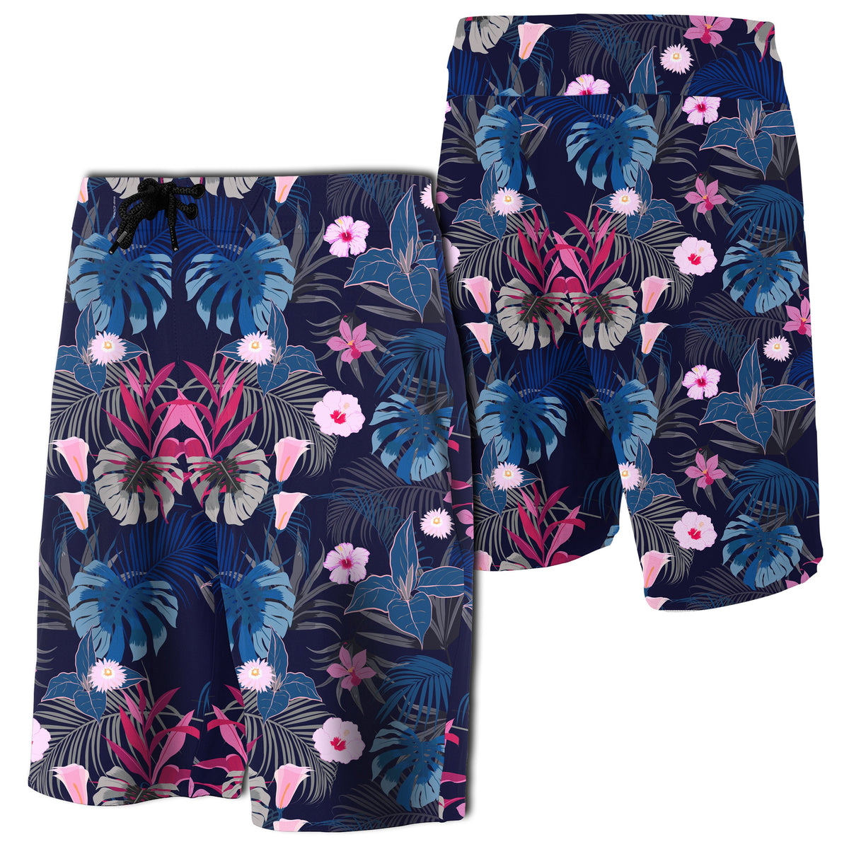 Tropical Palm Tree And Flower Board Shorts Men Black - Polynesian Pride