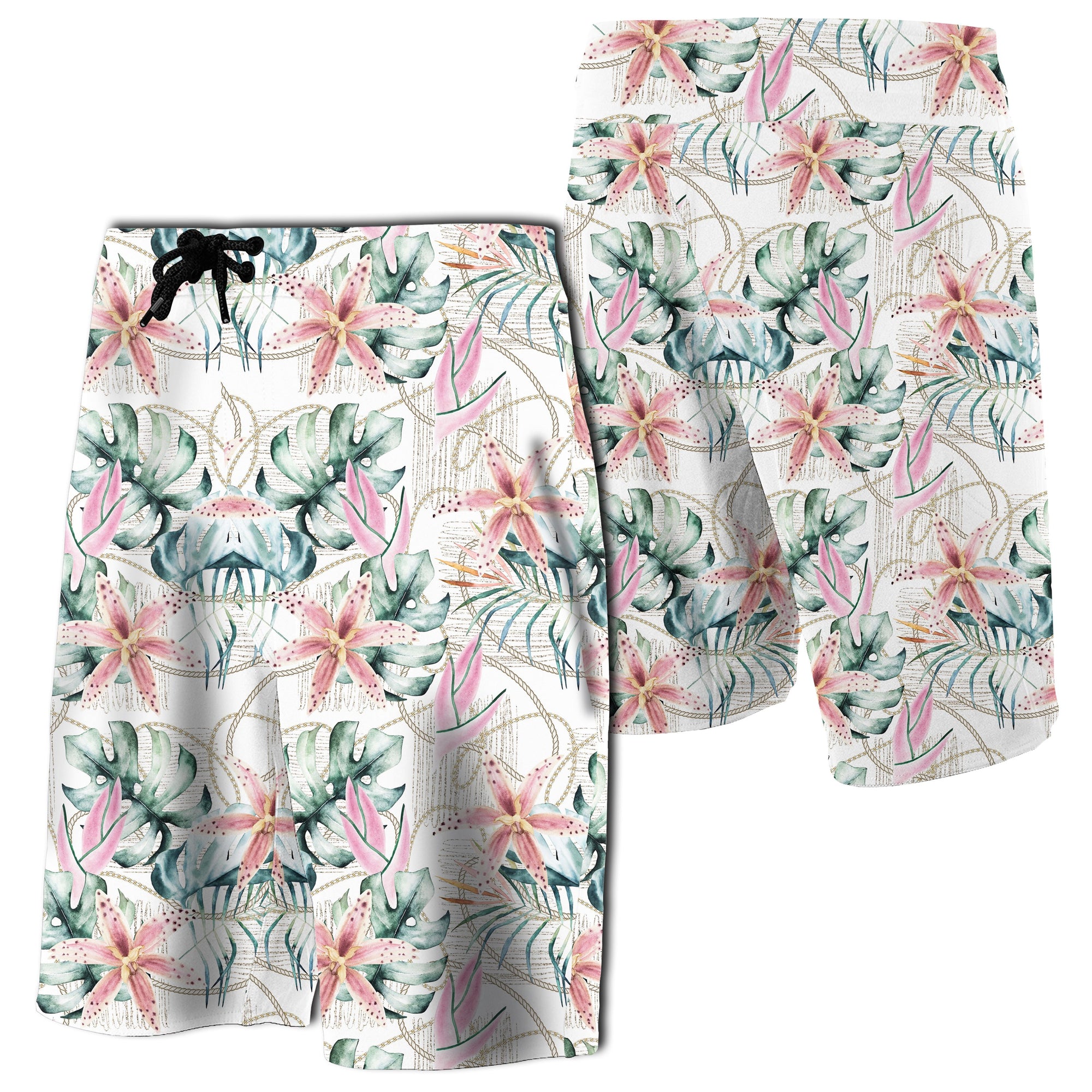 Tropical Pattern With Orchids, Leaves And Gold Cha Board Shorts Men White - Polynesian Pride