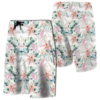 Tropical Pattern With Orchids, Leaves And Gold Cha Board Shorts Men White - Polynesian Pride
